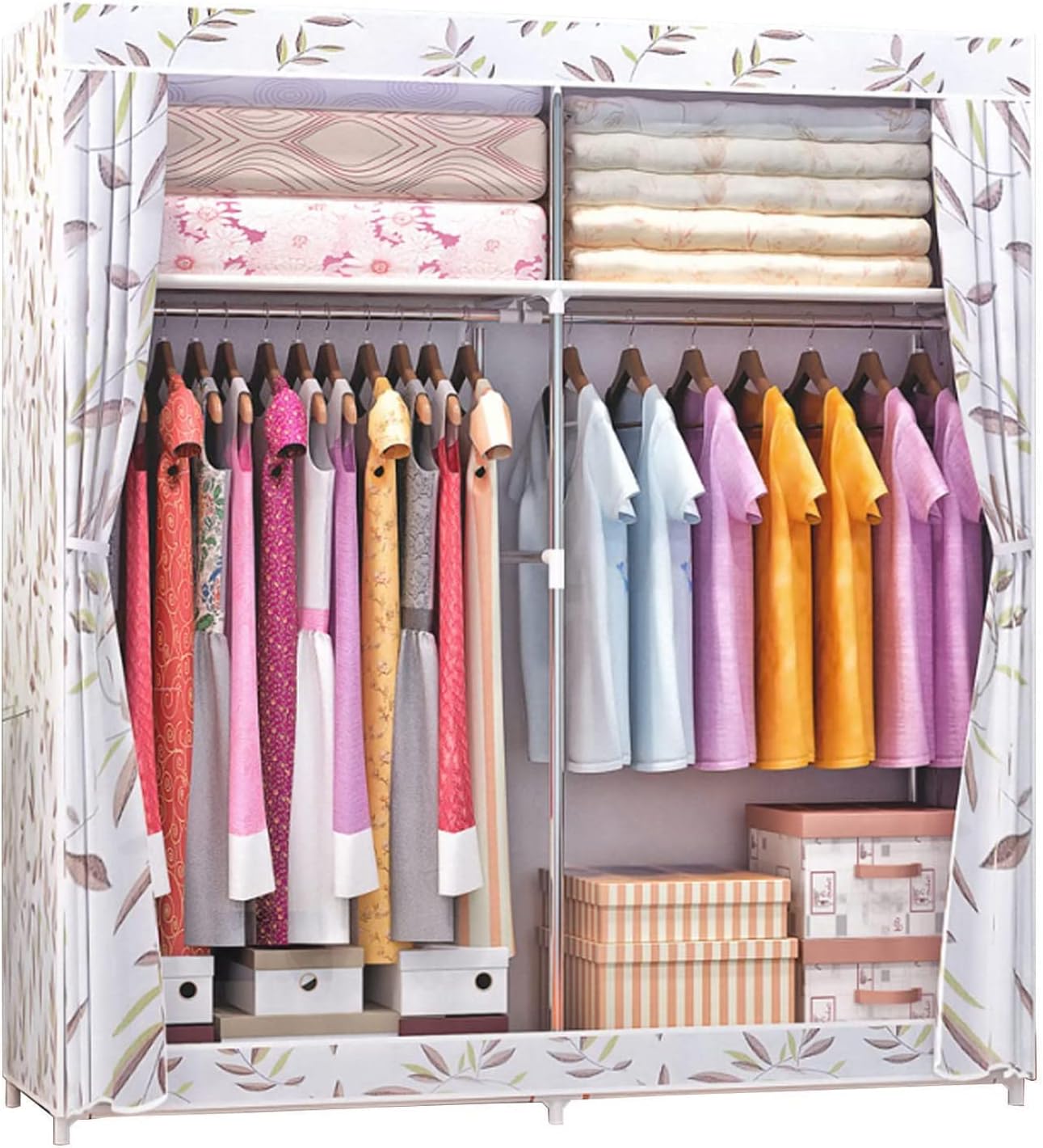 Wardrobe Portable Wardrobe Shelves,Fabric Wardrobe with Hanging Rail,Clothes Closet Storage Organizer for Bedroom,Living Room,White-130x46x168cm