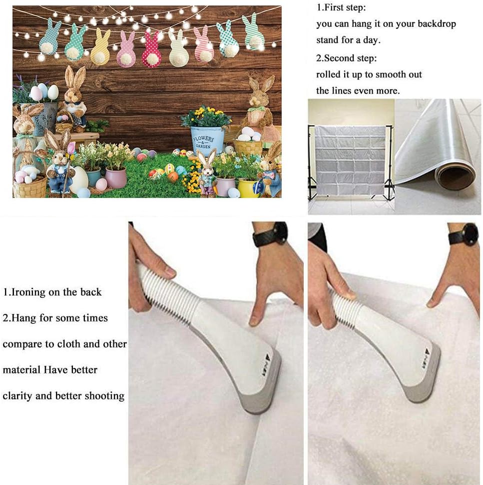 Easter Backdrop for Photography 10x8FT Spring Green Grass Flower Rabbit Egg Wooden Wall Background Easter Kids Newborn Portrait Photo Props