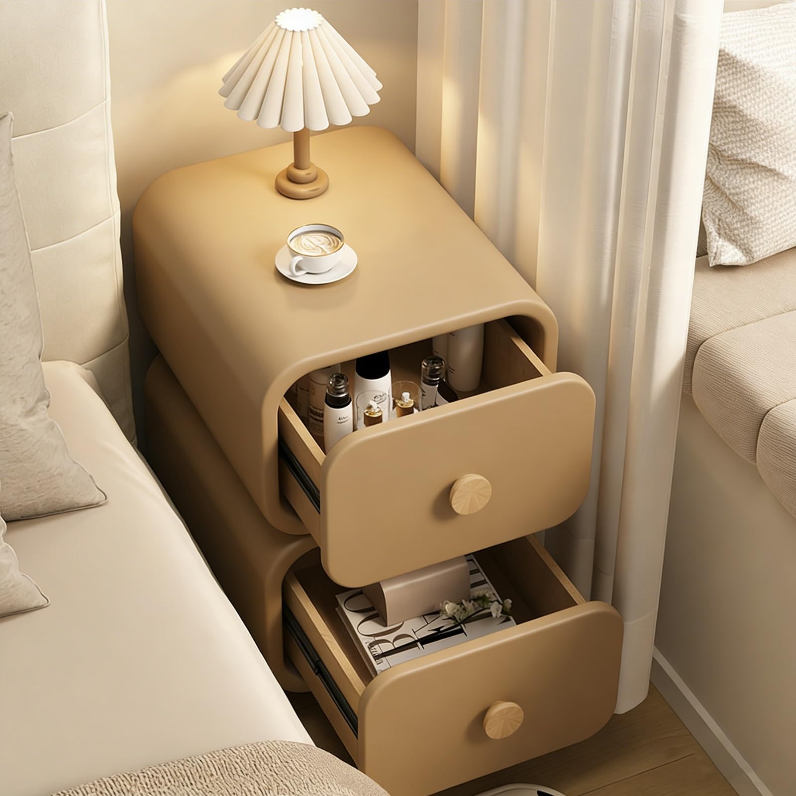 SXZenSpace Narrow Nightstand with 2 Drawers Modern Bedside Table Wood Night Stand for Bedroom Dorm and Small Spaces(Beige,20x40x50cm)