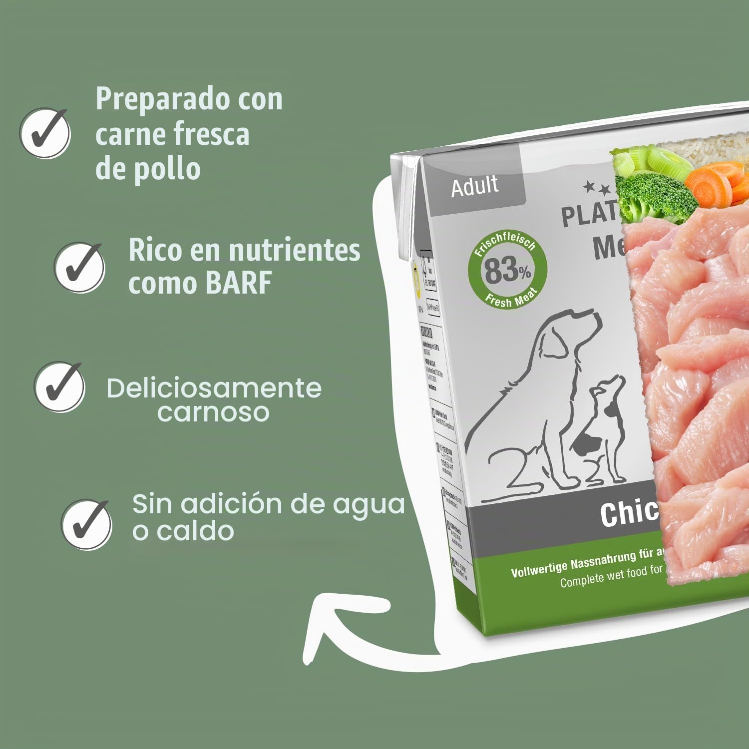 PLATINUM - Alimento para perros Menu Adult Chicken de carne - 12 x 375 g Alimento para perros rico en nutrientes como el barf - especialmente sabroso para perros pequeños y grandes - Sin BPA, probado