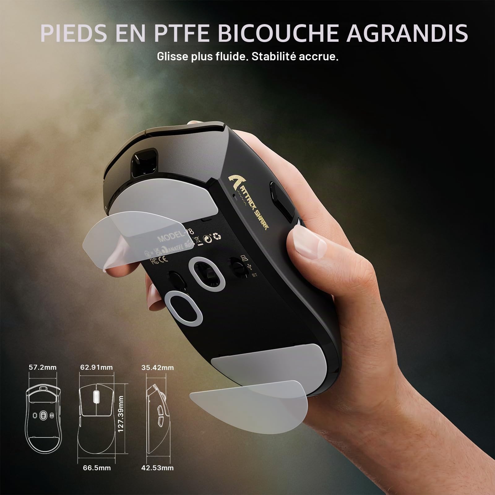 ATTACK SHARK V8 Souris de Jeu sans Fil avec Câble Spirale LED, Nordic 54L15 Chip, PAW3950MAX, 42000DPI, Dual 8000Hz, 59g Léger for Big Hand, Design Dongle Aileron de Requin, 2.4Ghz/BT/Filaire, Noir