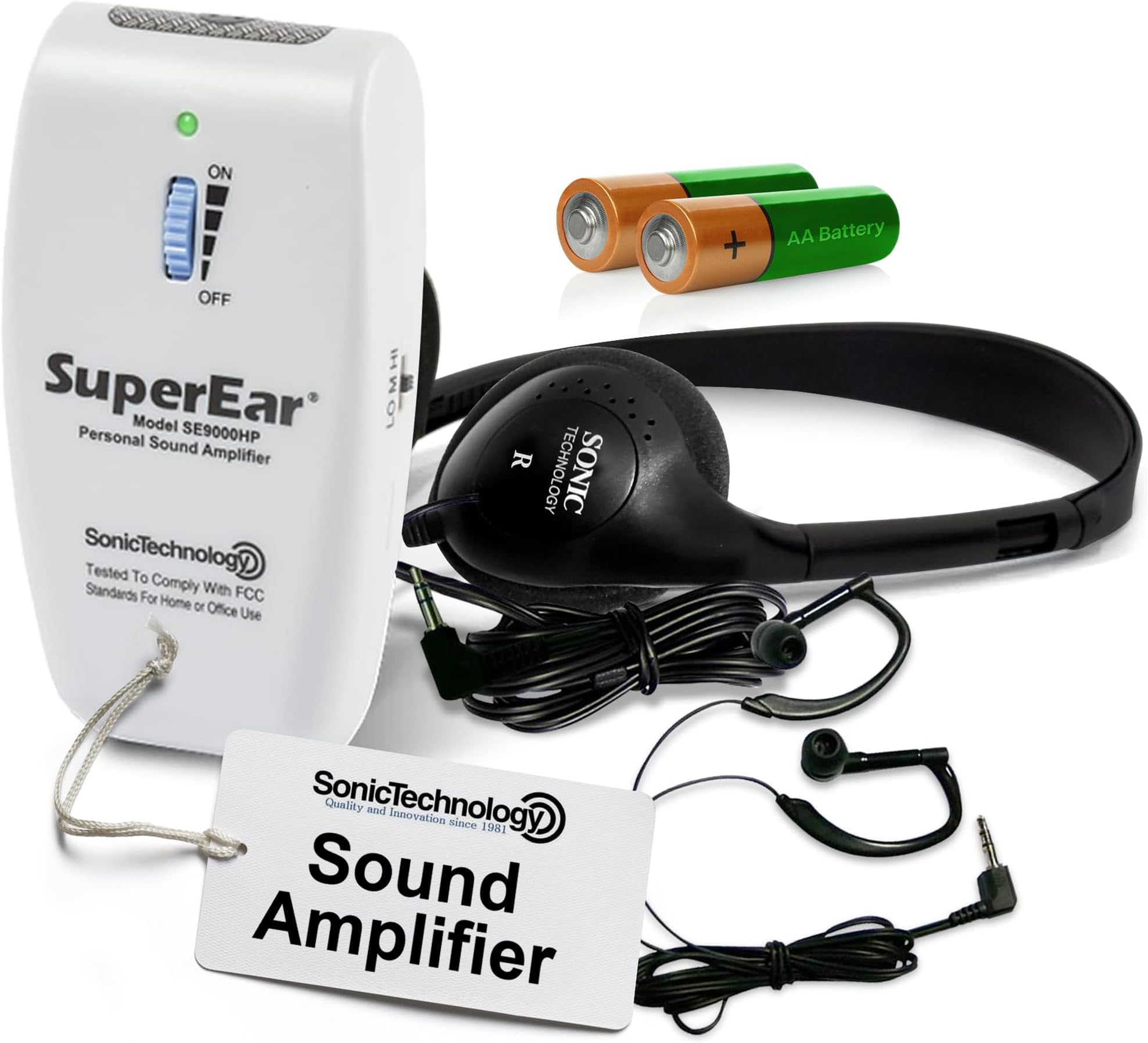 SuperEar Rechargeable Sound Amplifier Complete System with Headphones and Earbud Increases Sound 50dB, 3 Tone Frequency Selection facilitates CMS MDS 3.0 Assessment and ADA Compliance