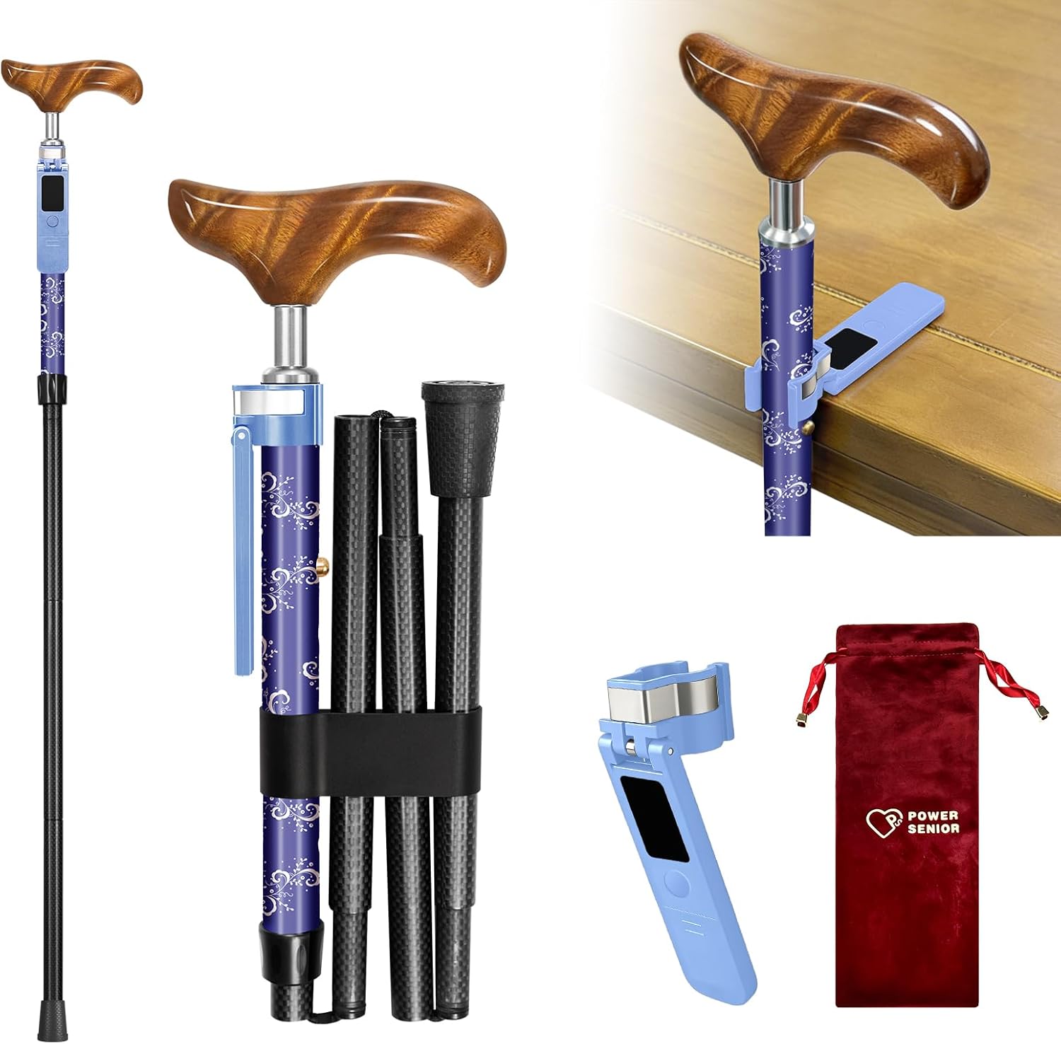 Wooden Handle Walking Cane with Non-Slip Holder for Men & Women-Carbon Fiber, Foldable and Adjustable, Pattern Printed, Elderly and Seniors