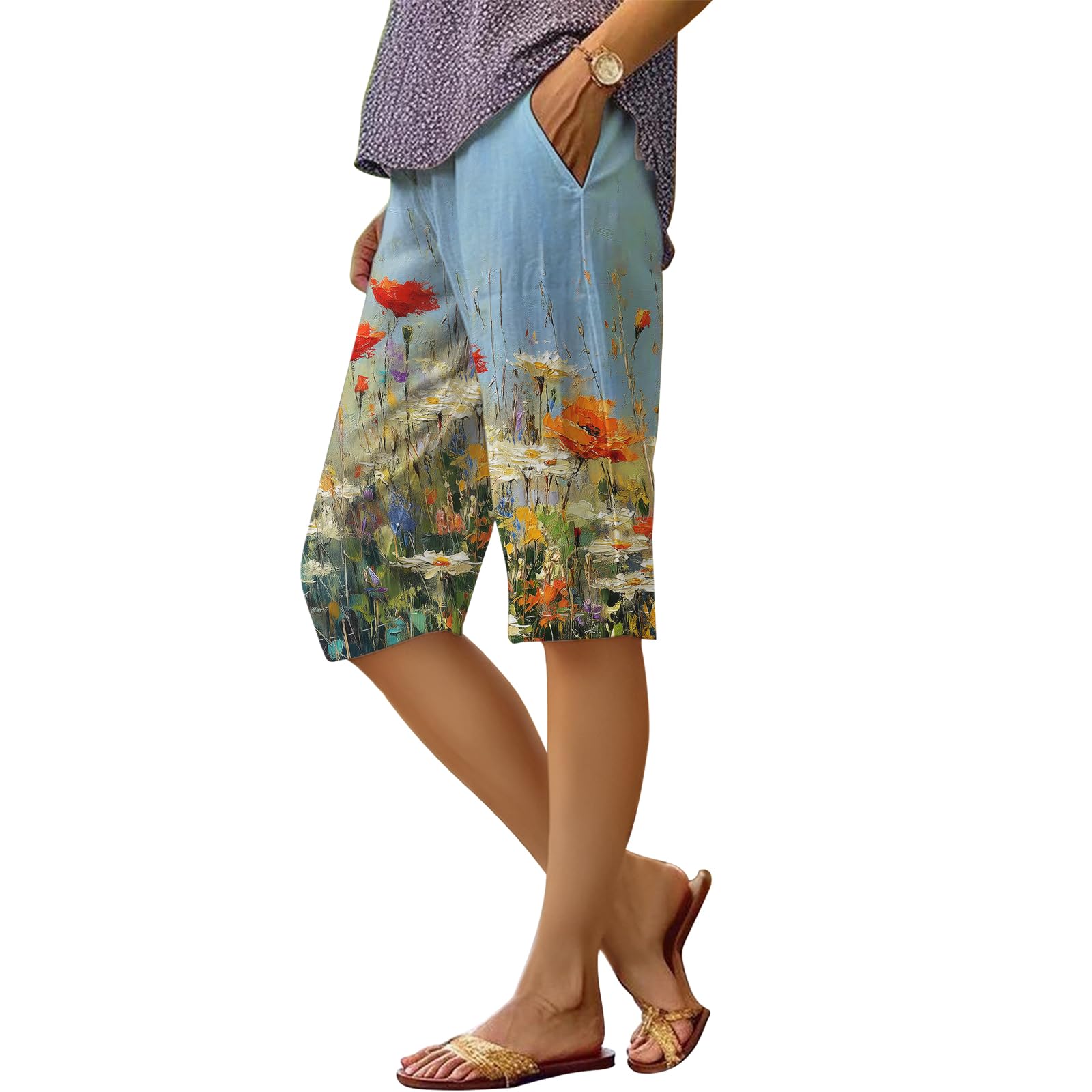 Womens Summer Casual Floral Boho Beach Pants Drawstring Cotton Loose Knee Length Athletic Bermuda Shorts with Pockets