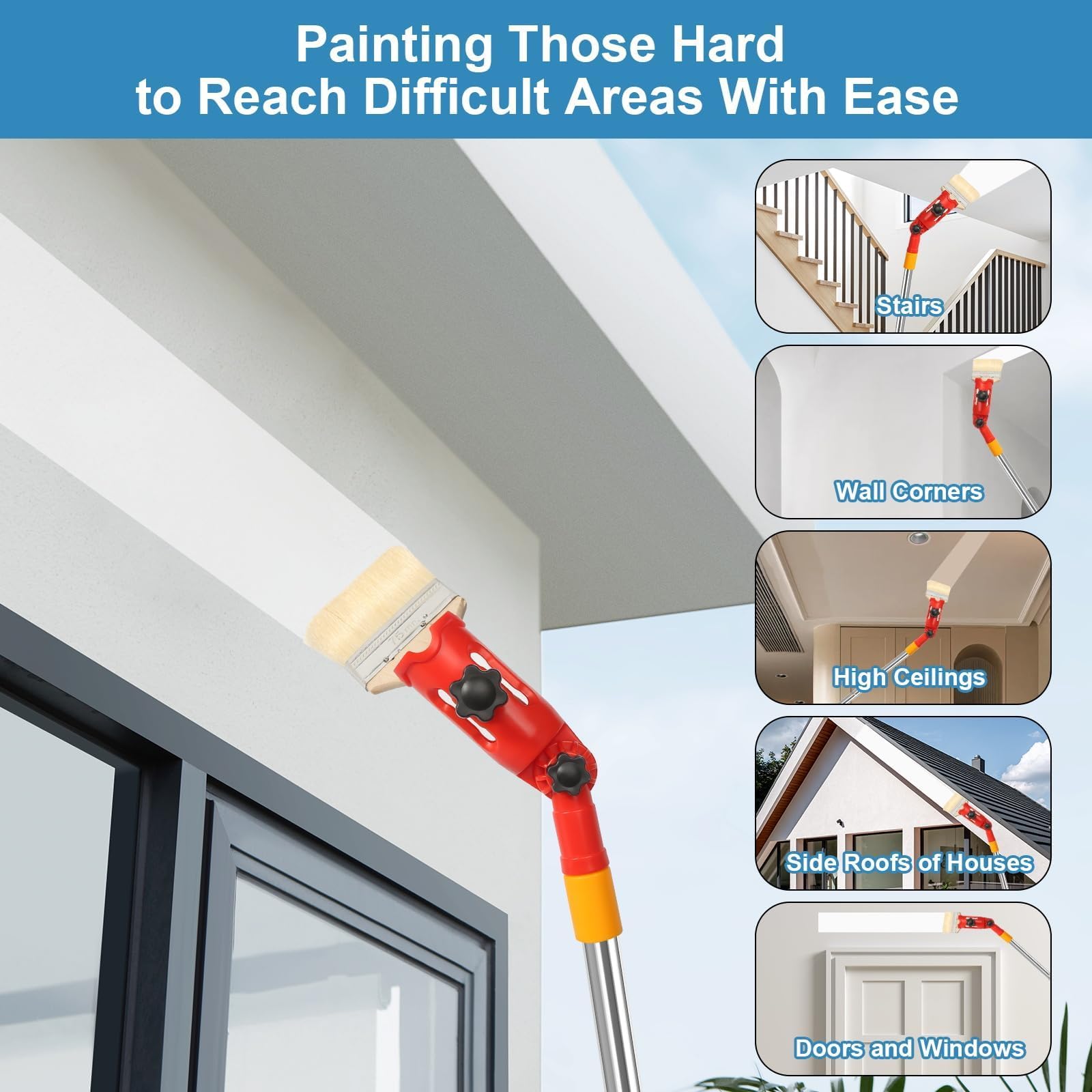 Przedłużenie pędzla z wieloma kątami, 1,8 m, Multi Angle Paint Brush Extende, wysuwany wałek malarski, drążek przedłużający do wysokich sufitów, ścian, narzędzie do malowania narożników (czerwony)