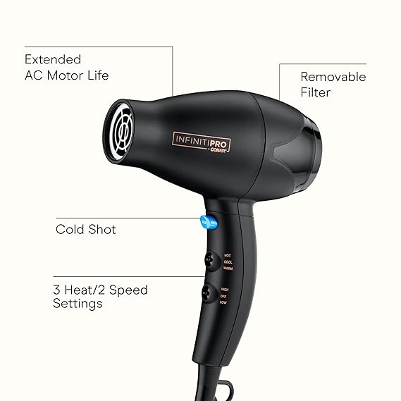 INFINITI PRO CONAIR Travel Hair Dryer, 1600W Mighty Mini Compact Blow Dryer with Concentrator Attachment, Lightweight Professional AC Motor for Fast Drying, 3 Heat & 2 Speed Settings, Black