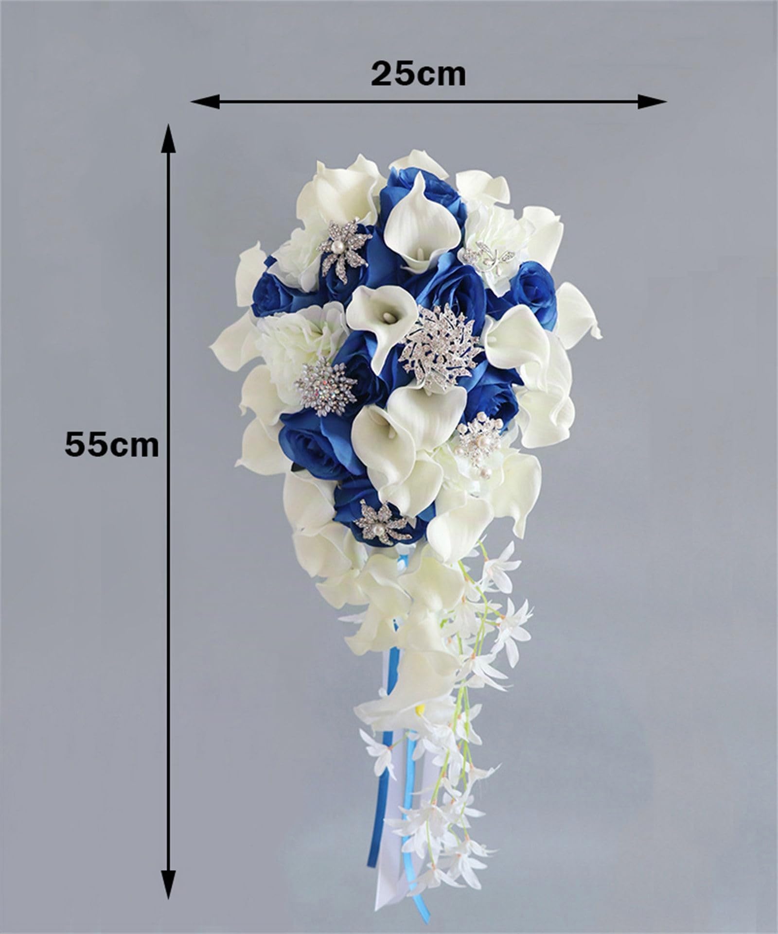 Hochzeitsstrauß, Brautstrauß, 25,9 cm künstlicher weißer Calla-Lilien-Brautstrauß mit Kristallornamenten, kaskadenförmiger Strauß für kirchliche Hochzeiten (rot) (blau)