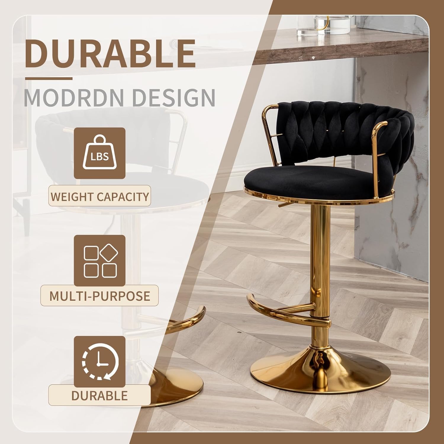 Gold Bar Stools Set of 3, Velvet Swivel Barstools with Woven Backrest, Adjustable Counter Stools for Kitchen Island, Dining Room, Cafe, Pub (Black)