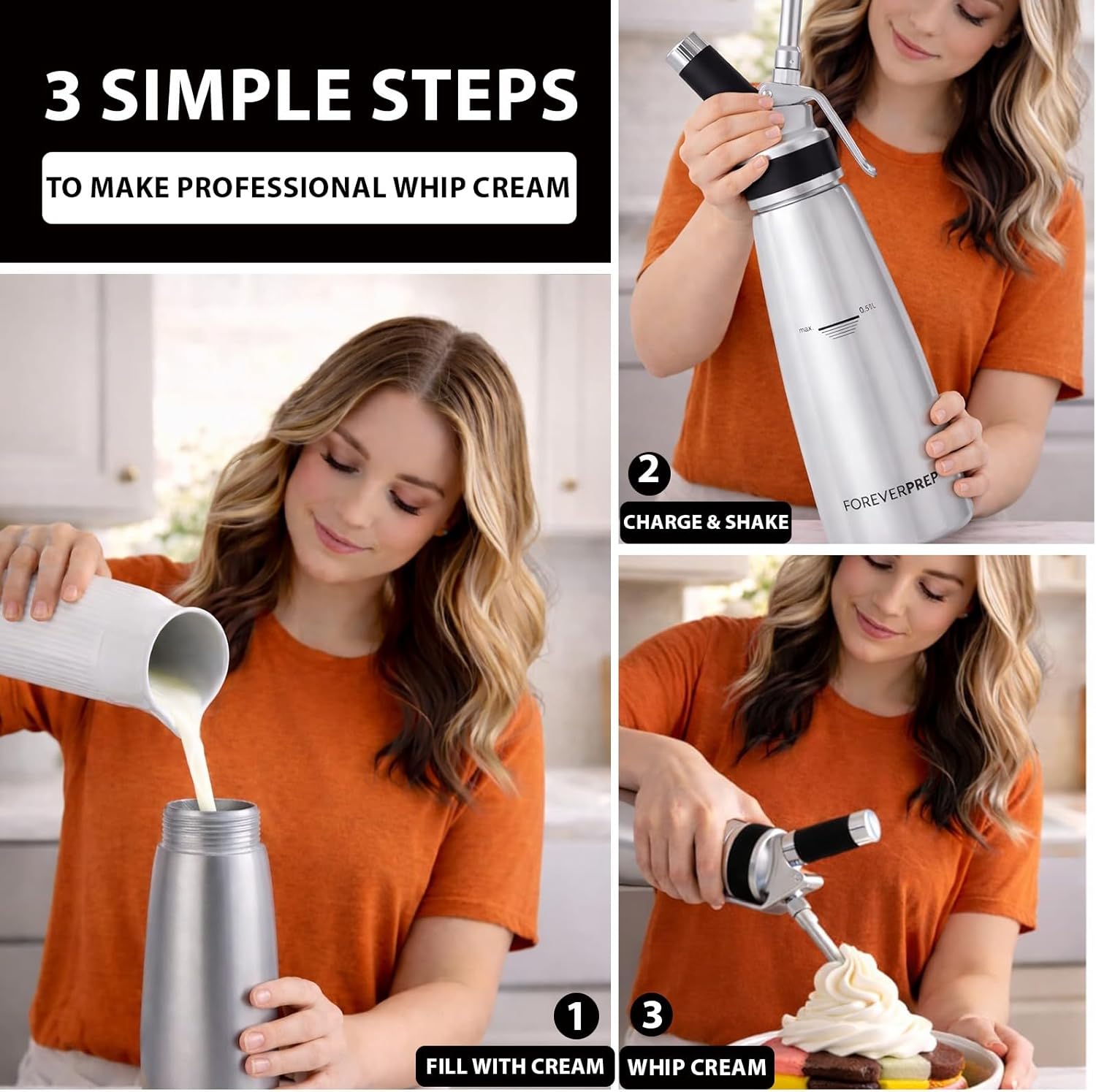 Professional 500 ml Aluminum Whipped Cream Dispenser With 8 Decorating Nozzles -Whipped Cream Canister With 2 Cleaning brushes-Heavy Duty Homemade Whipped Cream Maker 1 Pint (N20 Charger Not Included)