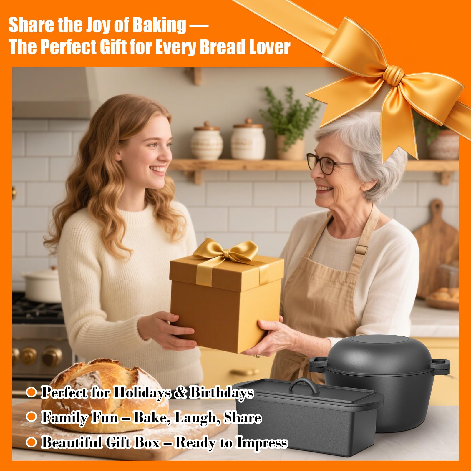 GFTIME Cacerola de hierro fundido de 26 cm, incluye molde para pan con tapa, incluye cesta de fermentación, resistente molde para pan con tapa, ideal para pan, pan de hierro fundido, molde para pan