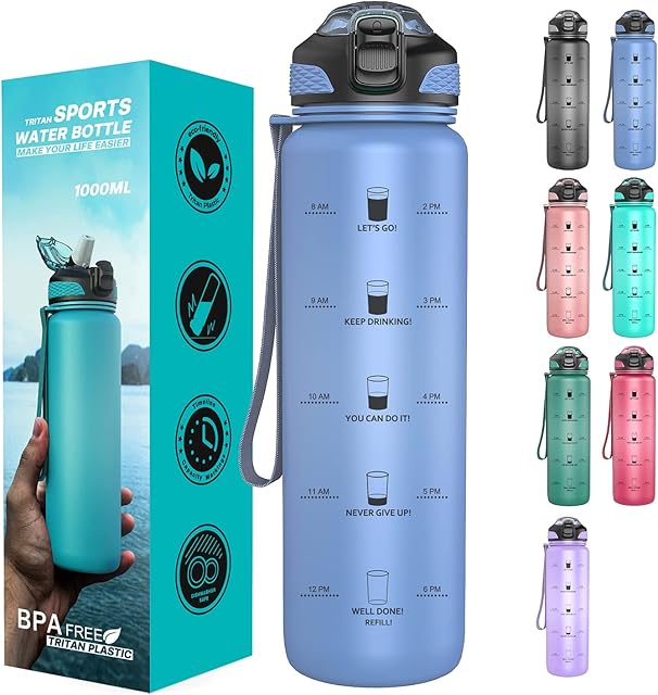 Taspire 1 Litre Time Marked Water Bottle with Straw, Leakproof BPA-free Tritan Water Bottle with Time Markings, Motivational Water Bottle with Times to Drink (Dark Blue)