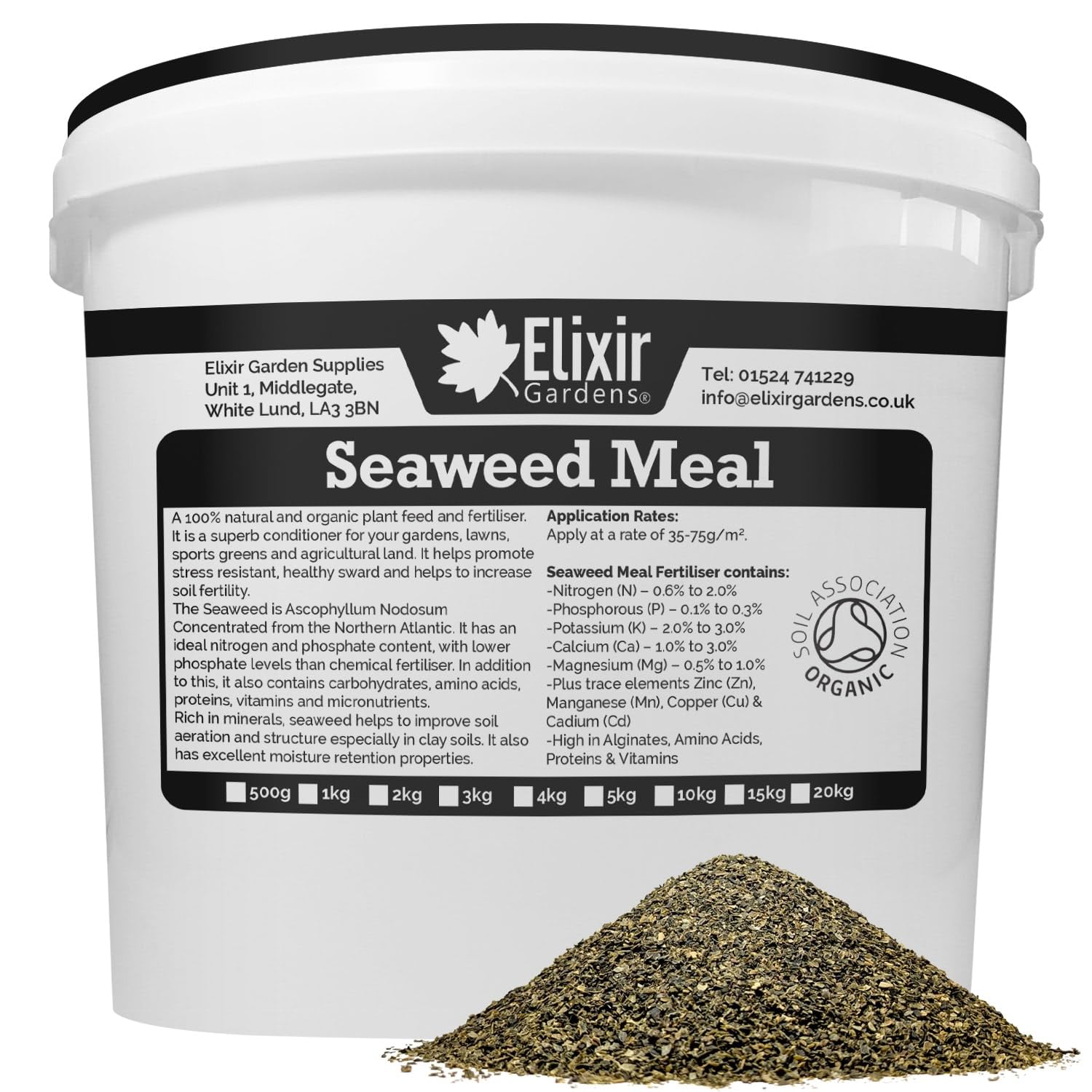 Elixir Gardens | Organic Seaweed Meal Fertiliser/Soil Improver | 500g - 25kg Available in a Bag or Tub | 20kg Tub