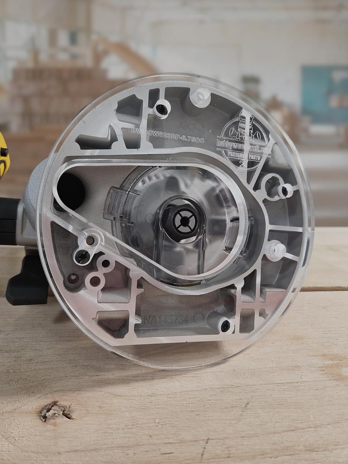 3/8″ Thick 6.75″ circle baseplate upgrade with a 2.6″ opening. Compatible with Dewalt DCW620B plunge base.