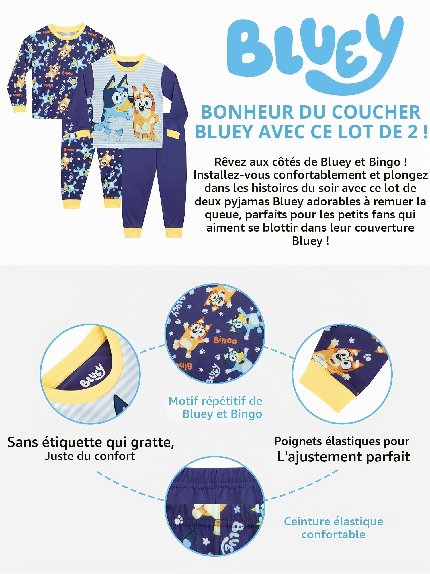 Bluey Pyjamas pour garçons | Lot de 2 Pyjamas pour Enfants | Pack de Deux Pyjamas pour garçons | Bleu | De 18 Mois à 8 Ans | Produit Officiel