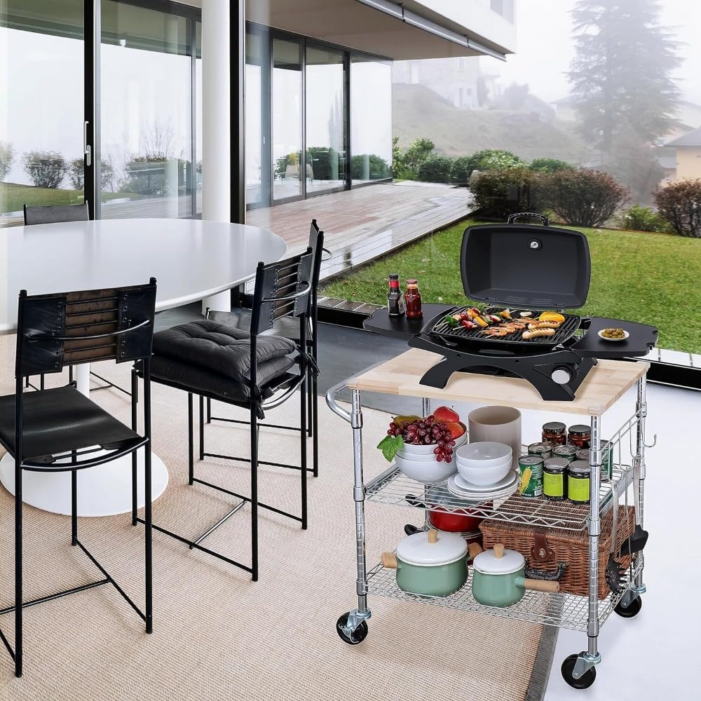 Storage Trolley 3-Tier Rolling Kitchen Cart with Oak Wood Tabletop, Island, Microwave & Coffee with Hooks for Dining Room Shelving Organizer