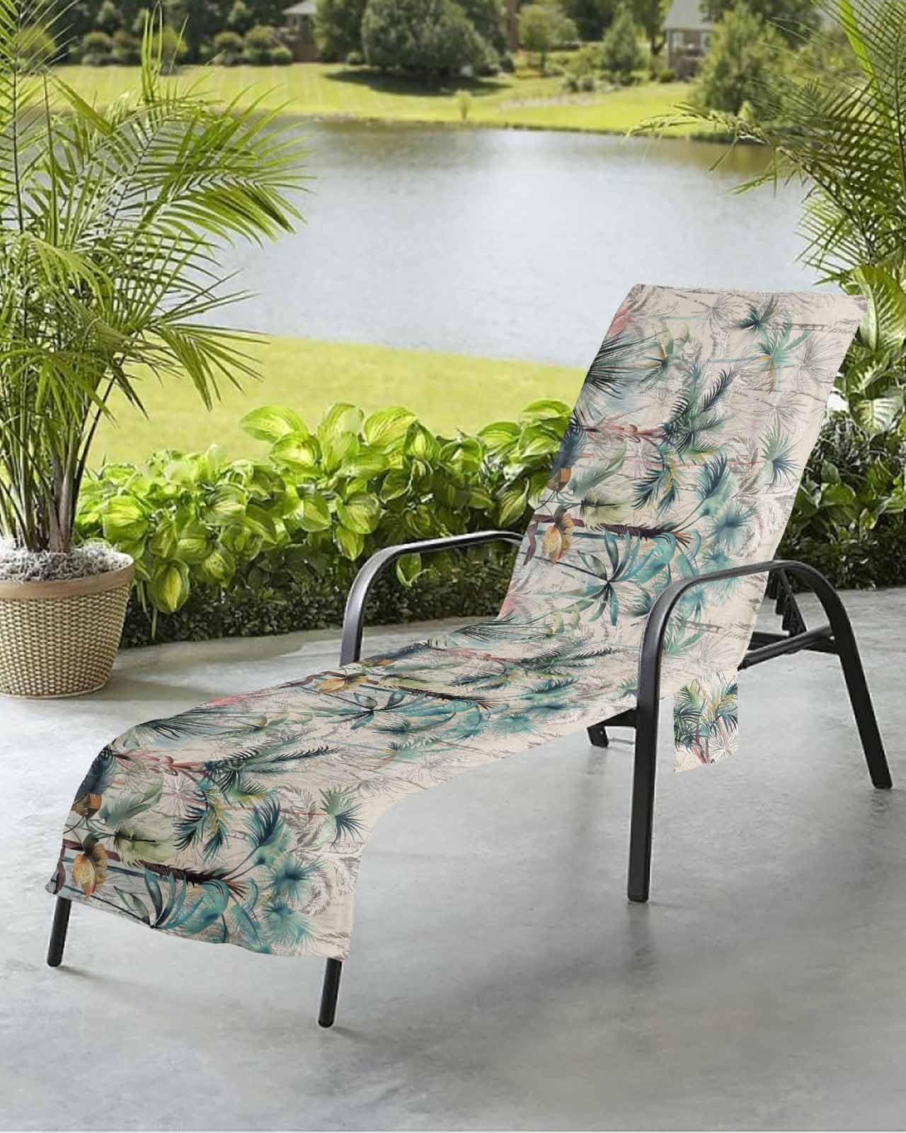 Tropical Beach Chair Towel Covers for Chaise Lounge with Side Pocket, Soft Plush Pool Towels Cover for Patio Sunbathing Outdoor 29''x85'' Green Palm Coconut Trees Rustic Summer Beach