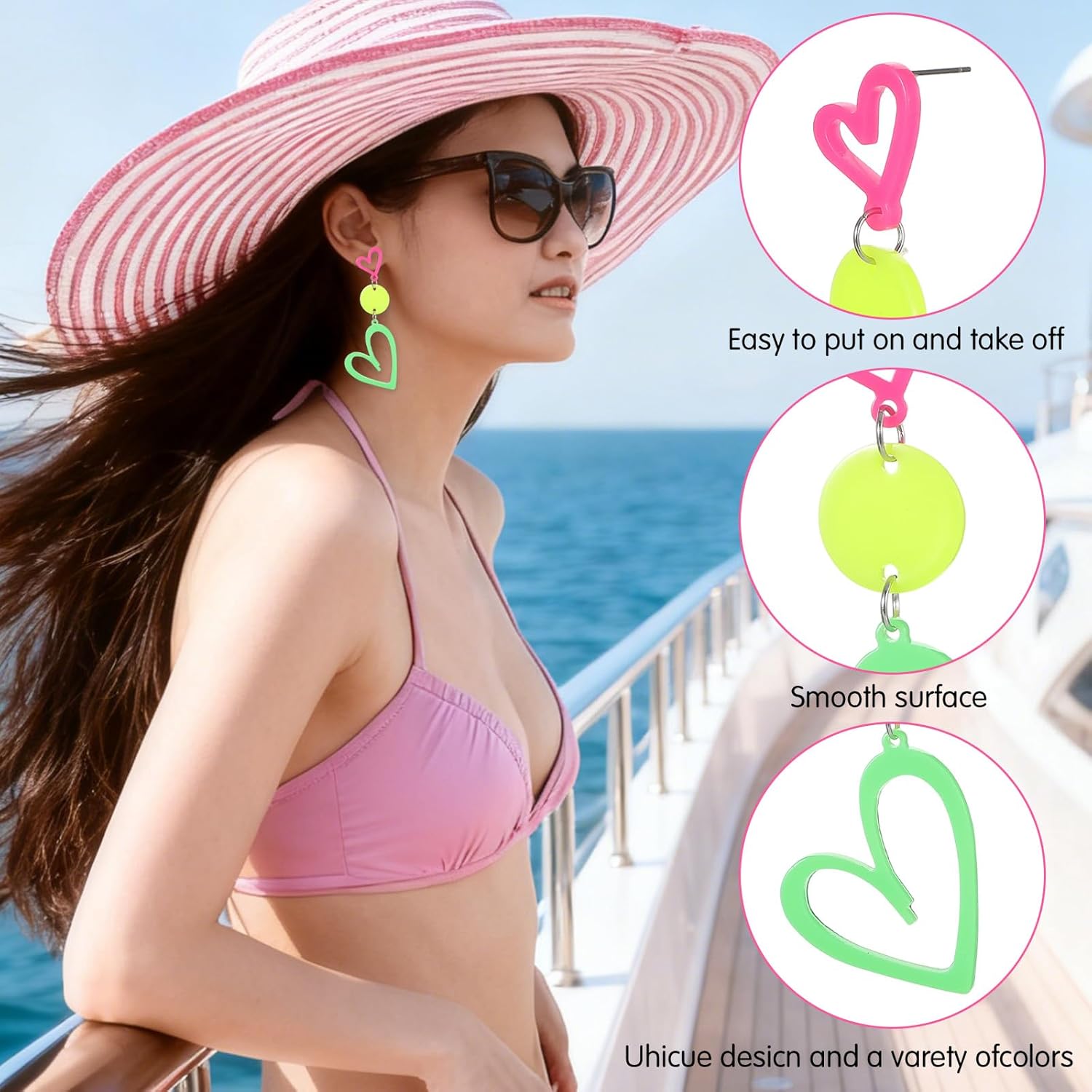 90 s Earrings for Women Neon Heart Hoop Earrings for Glow Party, 70s 80s Vintage Neon Earring Jewelry, Acrylic Round Drop Dangle Earring Halloween Christmas Carnival Costume - Image 4