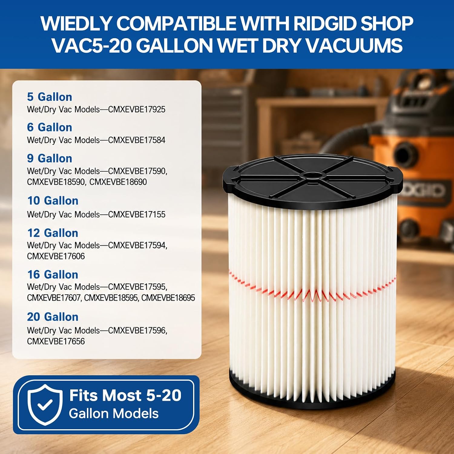 2 Pack Replacement Filter for Craftsman CMXZVBE38754,Red Stripe General | Filter for Most 5 to 20 Gallon Shop Vacuums, Replaces # 009-38754, Easy Installation,Traps General Debris,Wet Dry Vac Filter