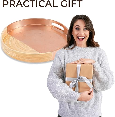 Miniatura 7 de Bandeja de bambú hilado de 13.78 pulgadas de diámetro, bandeja redonda con asas, bandeja otomana redonda, semi azul para mesa de café, servir comida