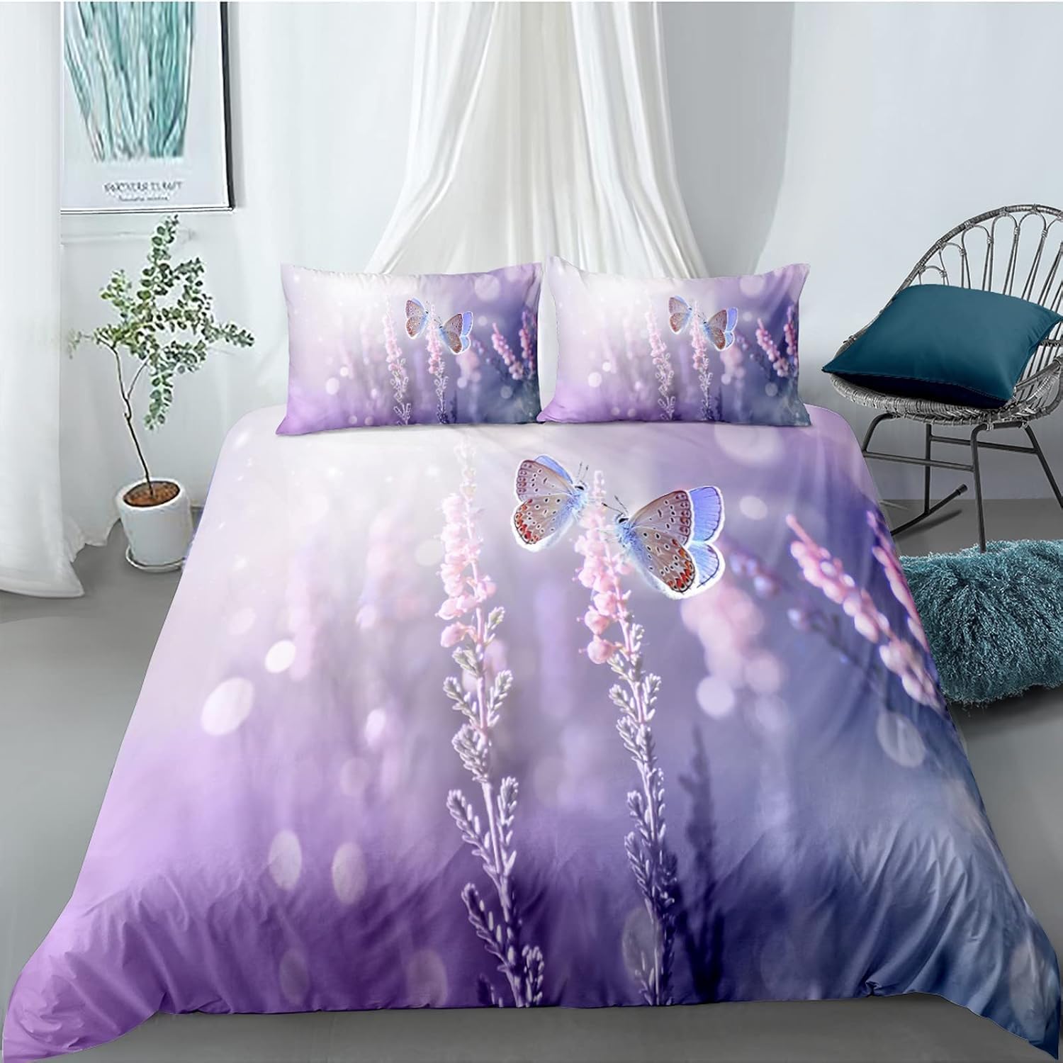 SJSXWQN Funda Nordica Cama 105 Mariposa Morada Edredon Cama 105 para Niñas Niños con Cremallera Suave cómodo Microfibra Fundas Nordicas 180x220 cm + 2 Fundas de Almohada 50x80 cm