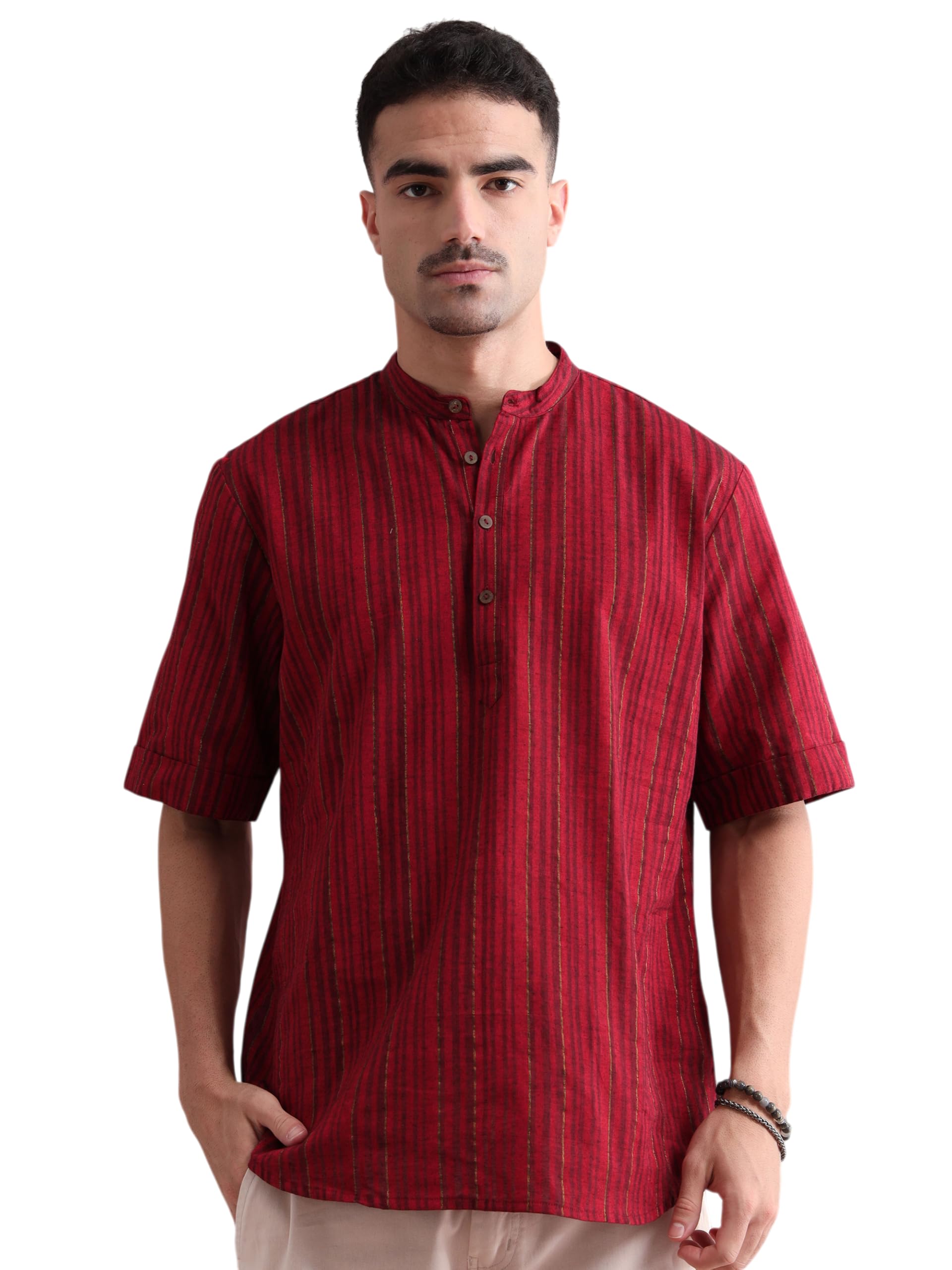 filori Men's Cotton Stripe Pattern Short Kurta | Half Sleeves | Mandarin Collar | Button Closure | Multiple Colors & Sizes | Wedding, Festive, Casual, Ethnic Wear-picture-20
