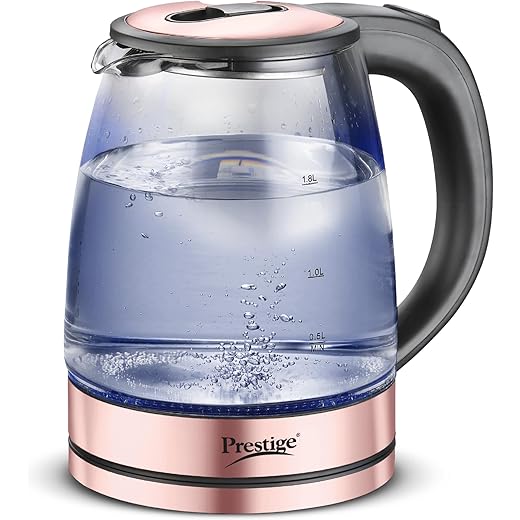 Prestige PKGB 1.8 Litre Electric Glass Kettle| LED Power Indicator| Borosilicate Glass| Automatic Power Cut-Off| Concealed Element| 360 Degree Swivel| Cool Touch Handle, 1350 Watts, Transparent