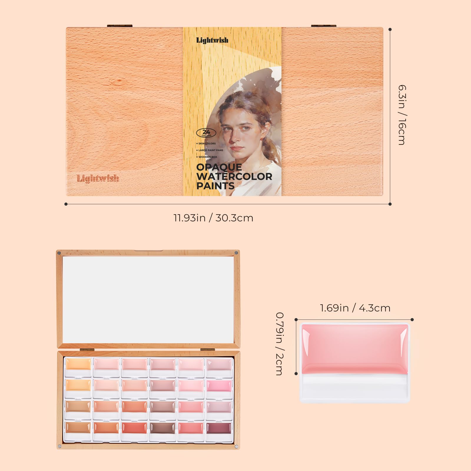 LIGHTWISH 24 Farben halbfeuchtes Aquarellfarben Set in Holzkiste Item Highlights