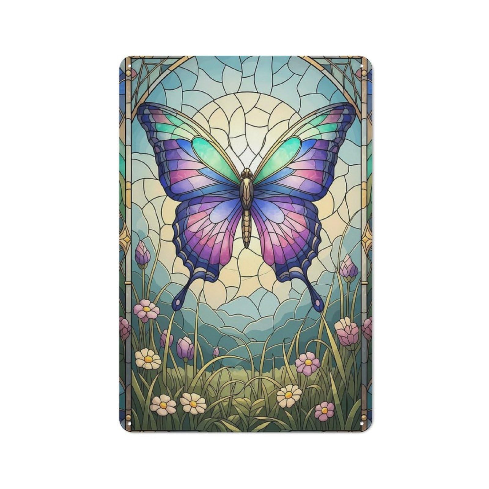 Metal Wall Plaque with Stained Glass Butterfly in Floral Meadow Design 30x20cm, Retro Room Wall Plaque for Home, Shop, Pub Or Studio Wall