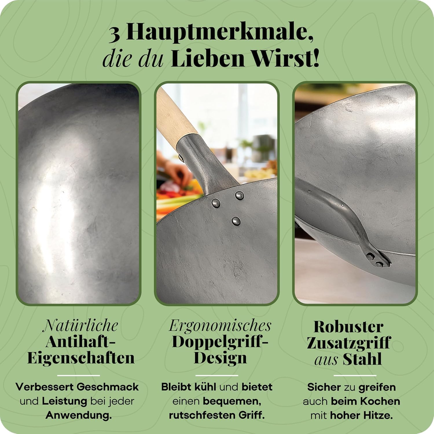 Homira Wok 36 cm handgehämmert aus Karbonstahl mit flachem Boden und Holzgriff – traditionelle PFAS-freie Wokpfanne für alle Herdarten, Gas, Grill & Outdoor (Flacher Boden)
