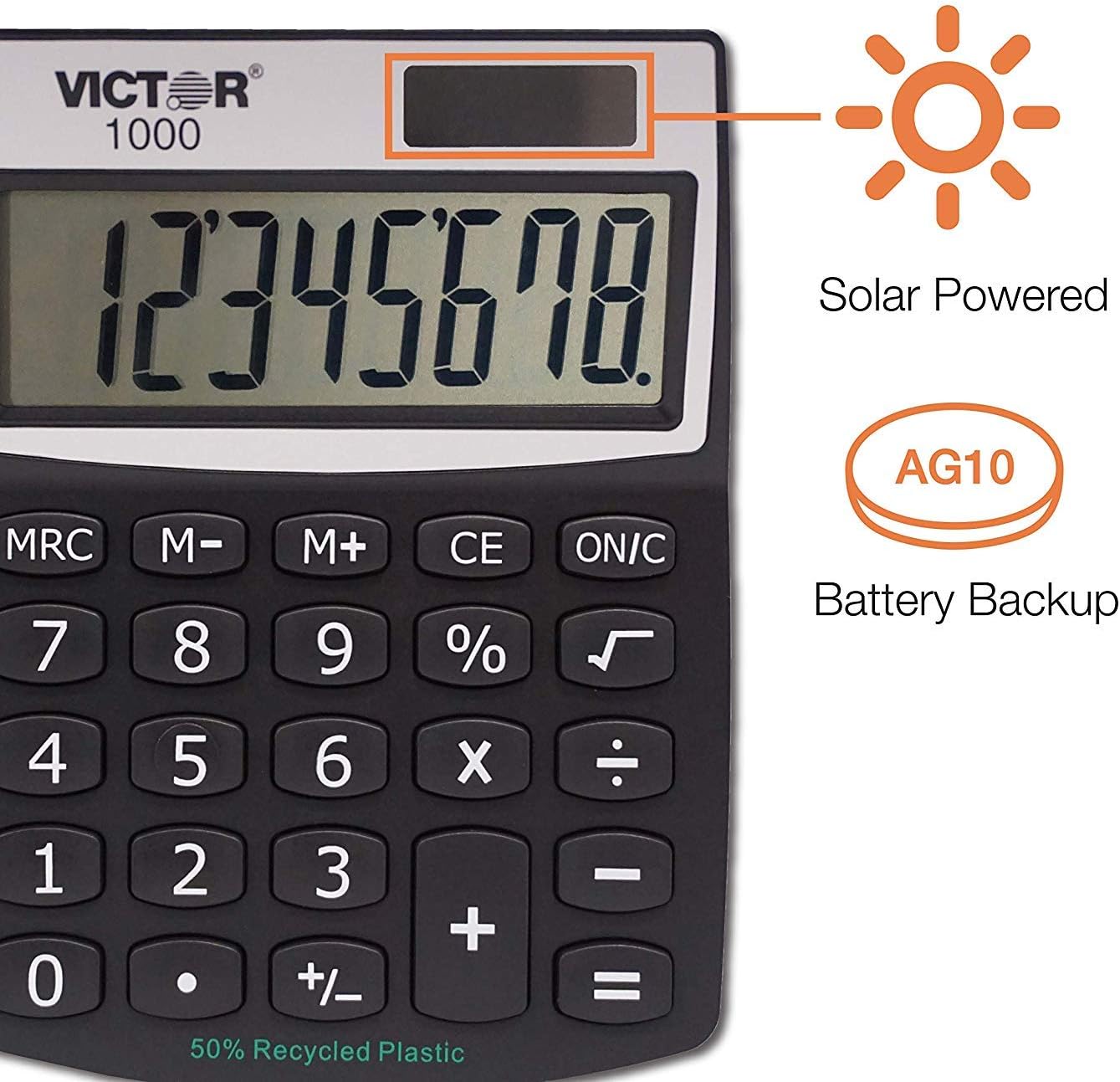 Victor 1000 8-Digit Standard Function Calculator, Battery and Solar Hybrid Powered Angled LCD Display, Great for Home and Office Desks / 10 Pack