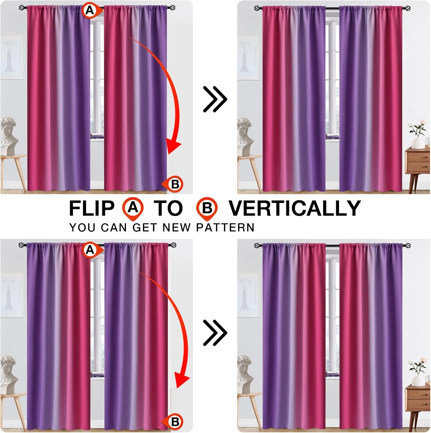 SimpleHome Ombre Room Darkening Pink and Purple Curtains for Bedroom 84 Inches Long, Rod Pocket Light Blocking Gradient Drapes Curtains for Living Room, 52Wx84L, 2 Panels