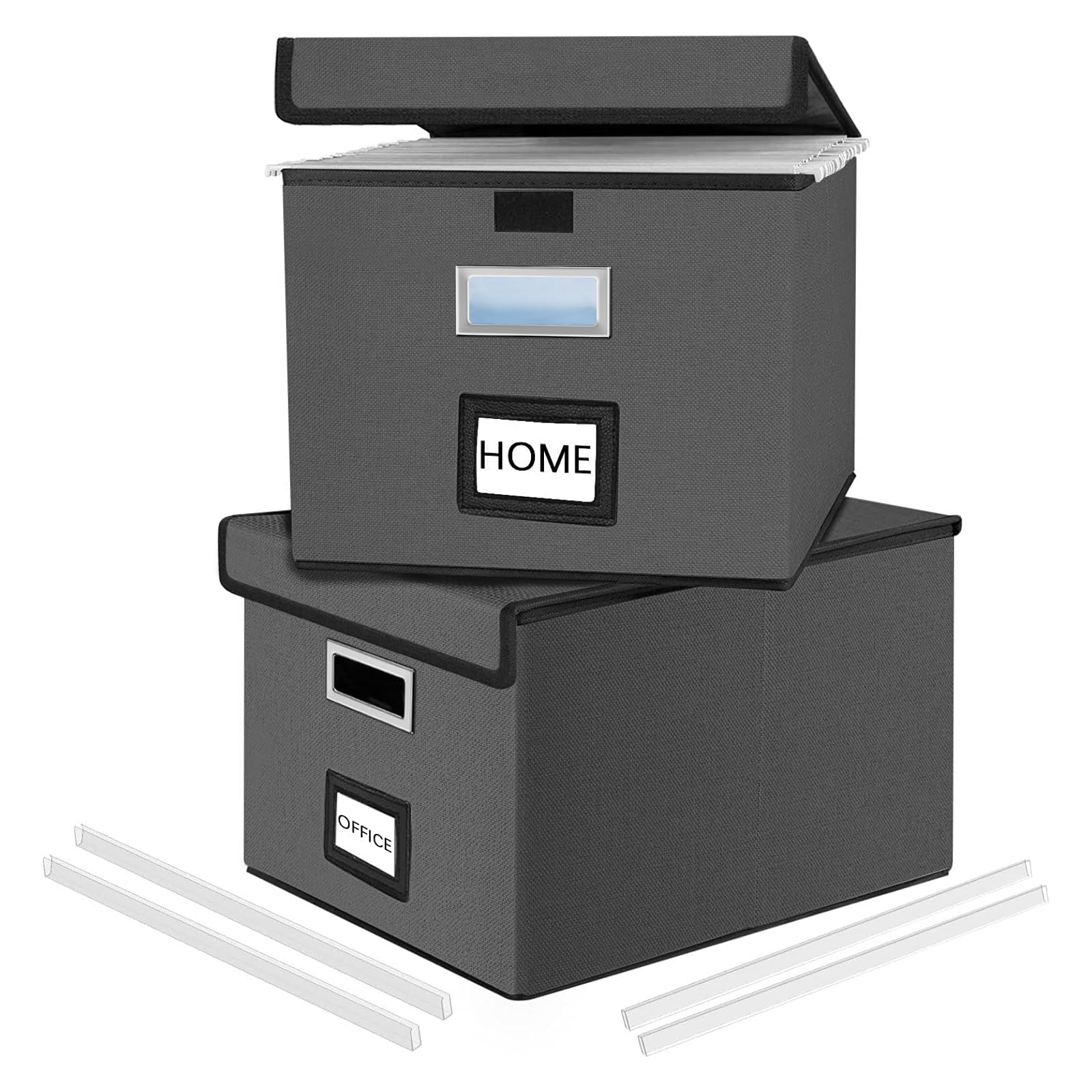 Finew Scatola di archiviazione portatile pieghevole con coperchio e scivolo | Scatole organizer da appendere in lino, decorative per casa/ufficio, per file e cartelle, confezione da 2 (grigio scuro)