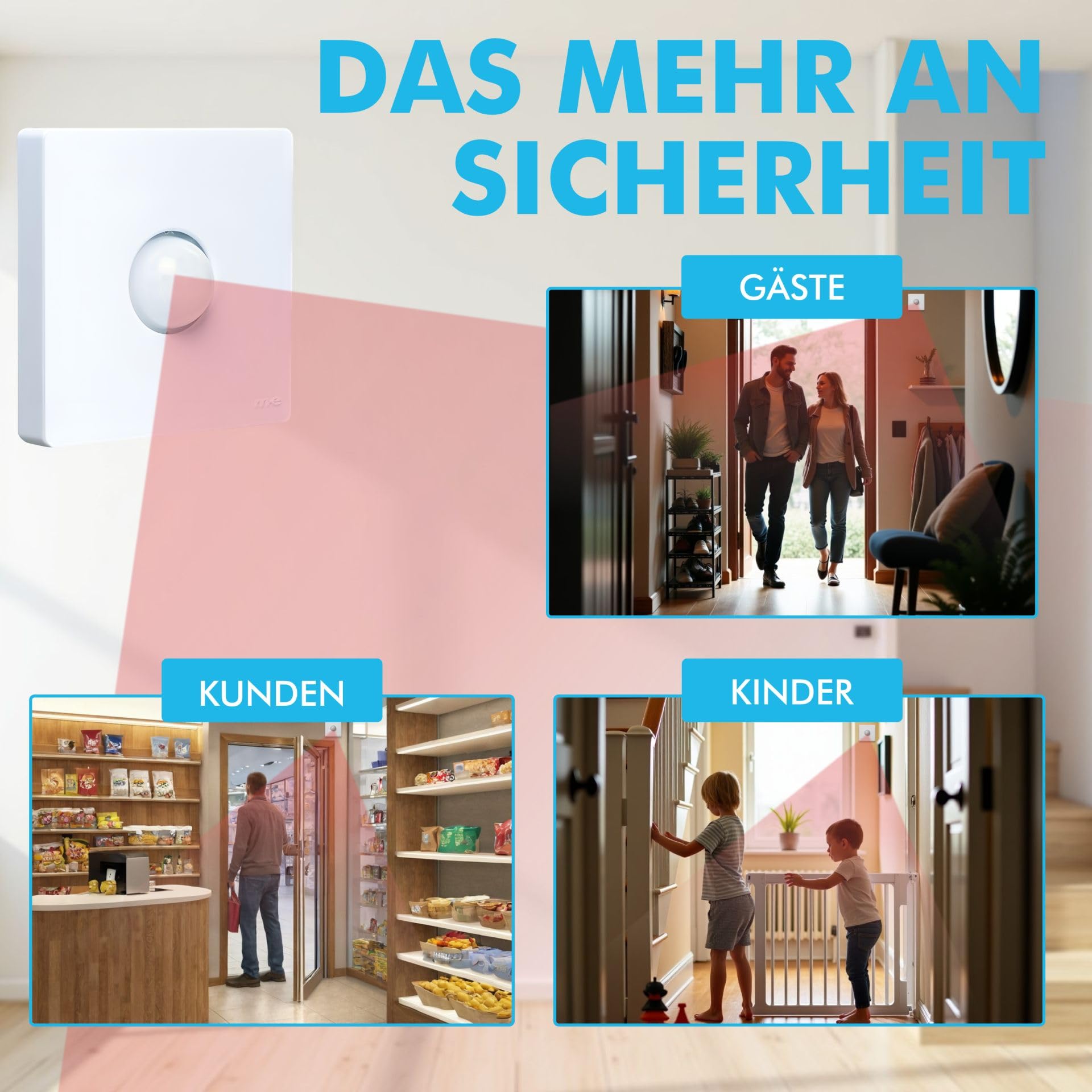 m-e Funk-Bewegungsmelder BELL-5814 | Kabelloser Durchgangsmelder | 2-fache Meldung bei Auslösung – auf Funkempfänger und auf Smartphone Handy App | Funkreichweite 300 Meter