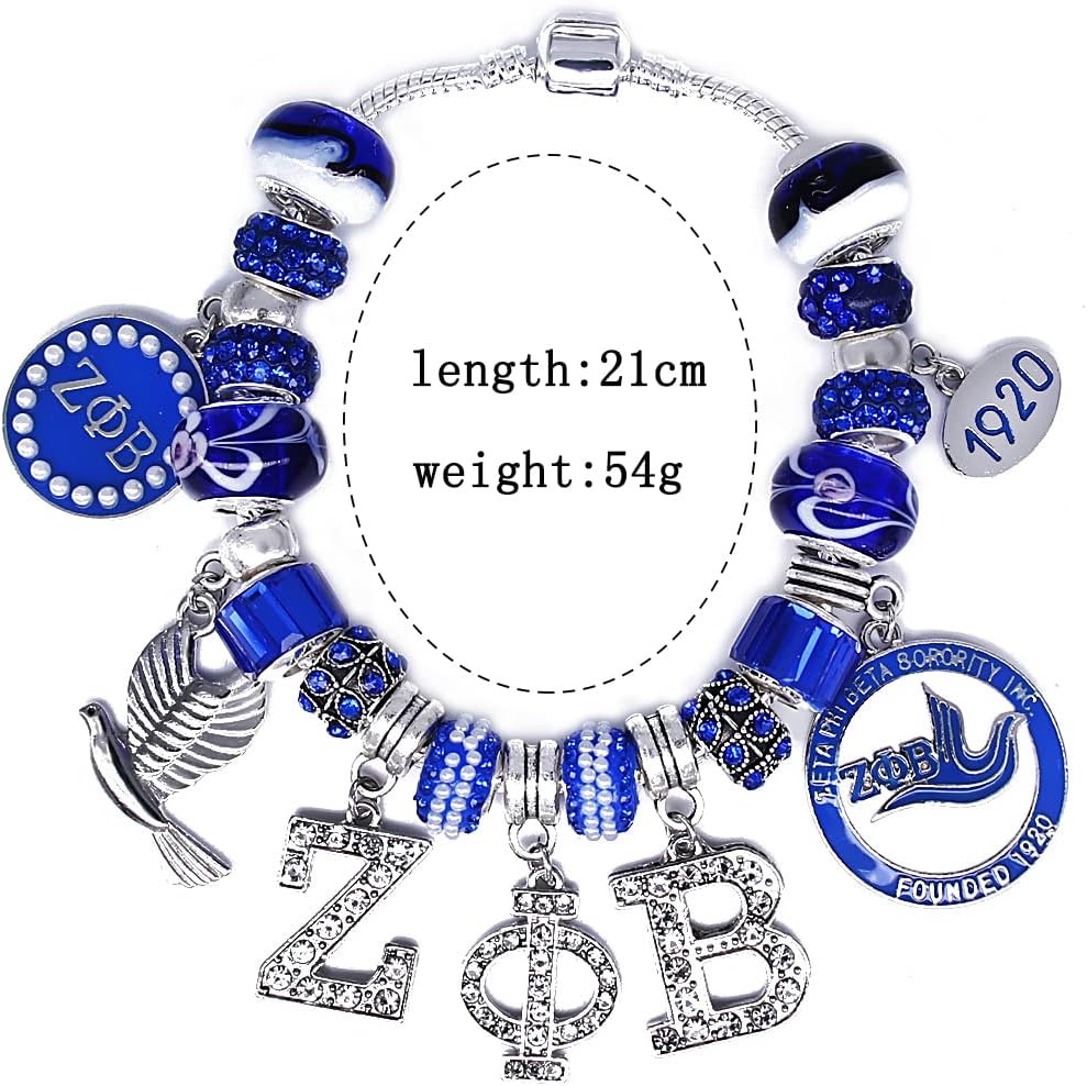 Delicate ZETA sorority society Rhinestone Pendant Blue big hole Glass Bead Bracelet bangle - Image 2