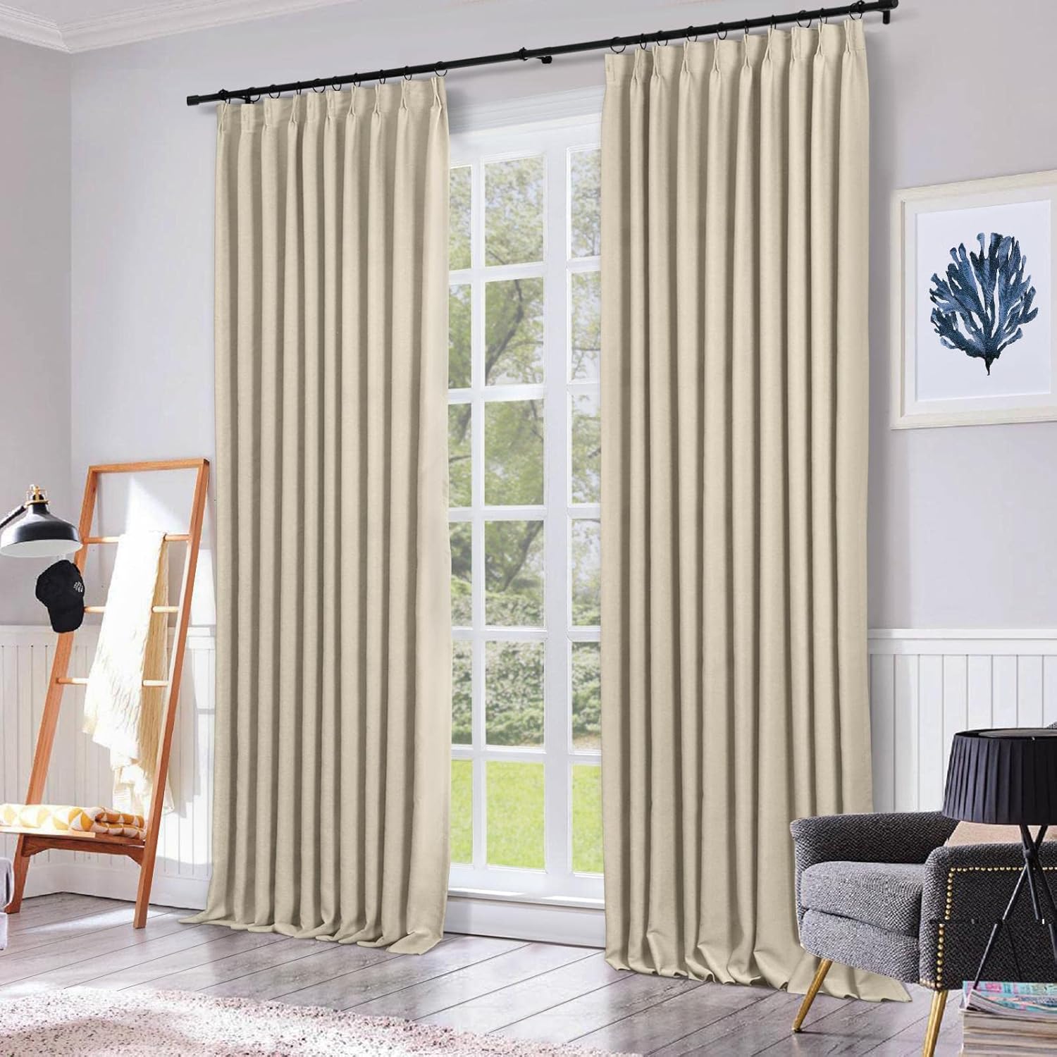 ChadMade Pinch Pleat Blackout Curtain Heavyweight 108 Inches Long Drape 100Wx108L Extra Wide and Long Curtain Panel, Beige (1 Panel) Memory Trained