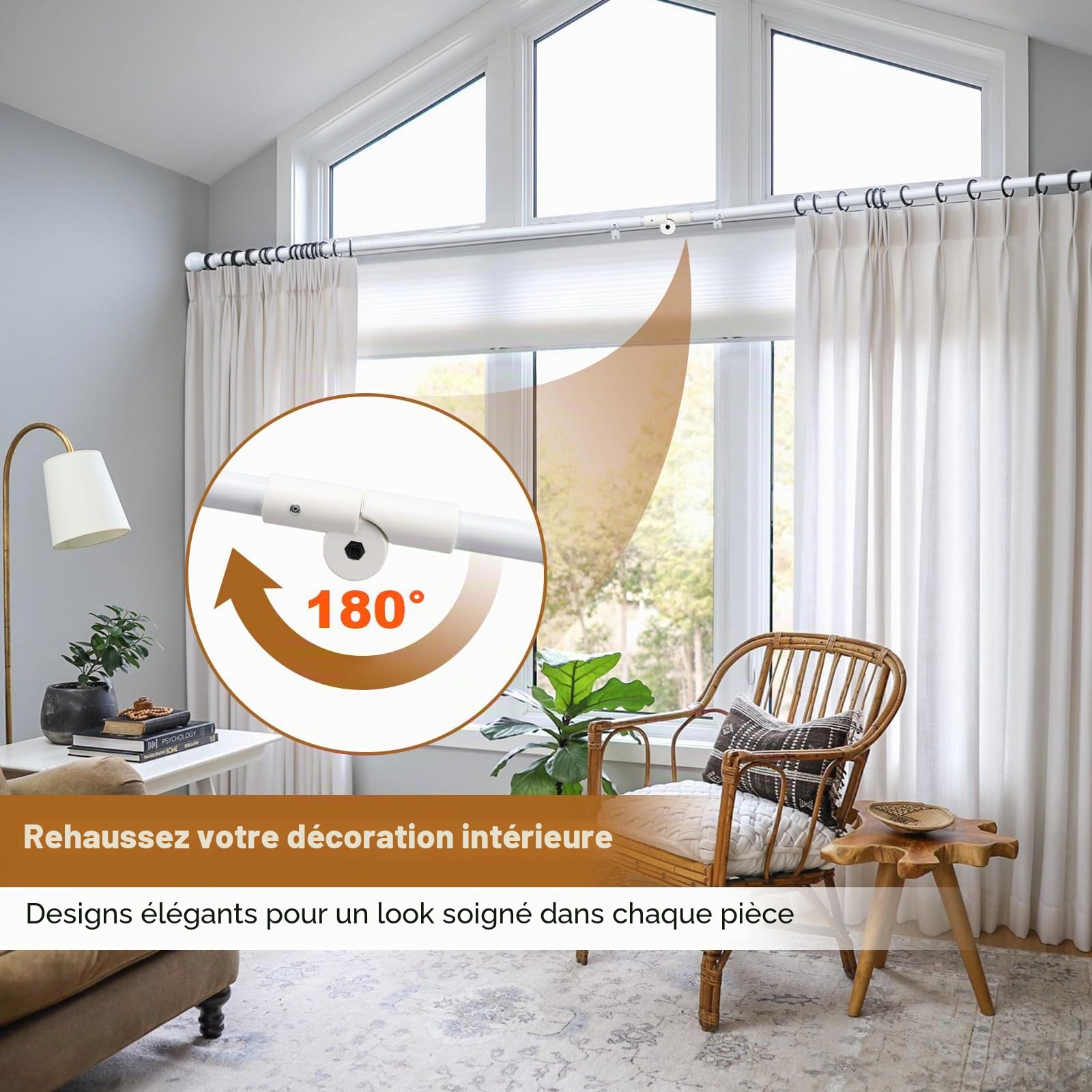 Tringle à rideaux d'angle réglable et robuste en forme de U avec supports pour fenêtres – 91,4 à 406,4 cm – Blanc