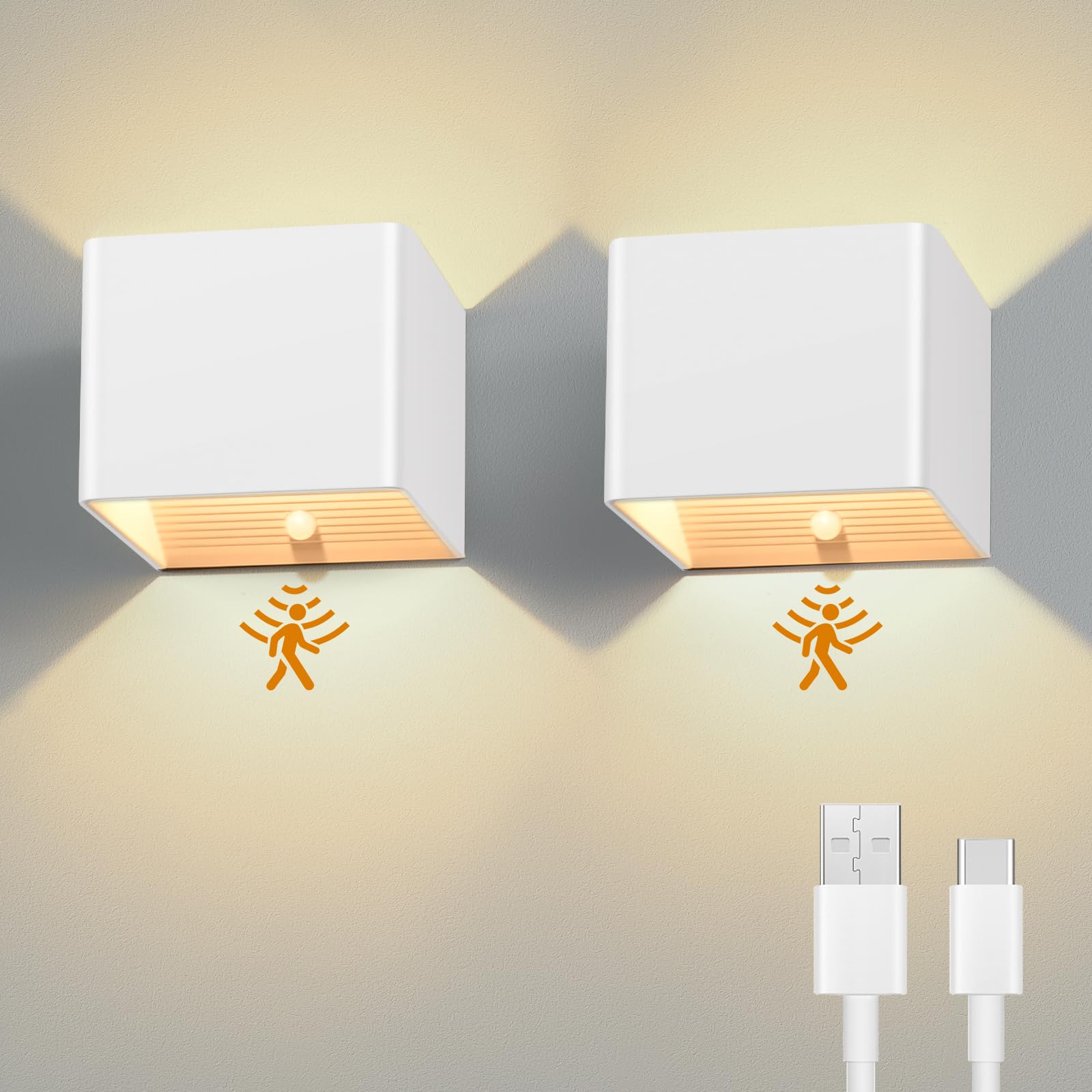 Euakee 2 Piezas 4000mAh Luz de Pared de Interior, Aplique de Pared Interior con Sensor de Movimiento, Lámpara de Pared con Batería de Carga USB, 4000K Lampara sin Cable para Dormitorio, Pasillo
