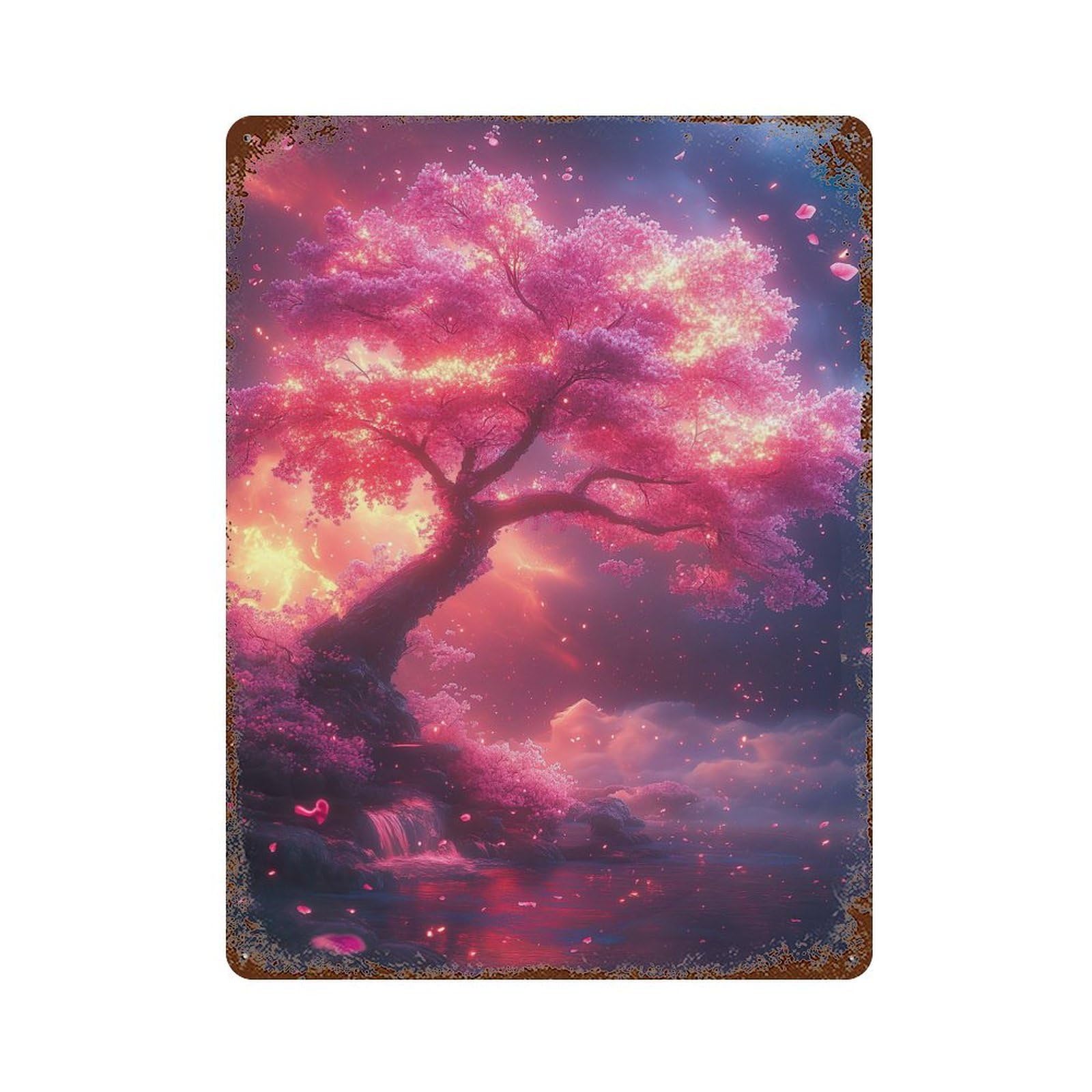 The Pink Cherry Blossom Aged Metal Wall Plaque 15.7"x11.8", Industrial Home Decor for Pub, Kitchen And Man Cave Decor