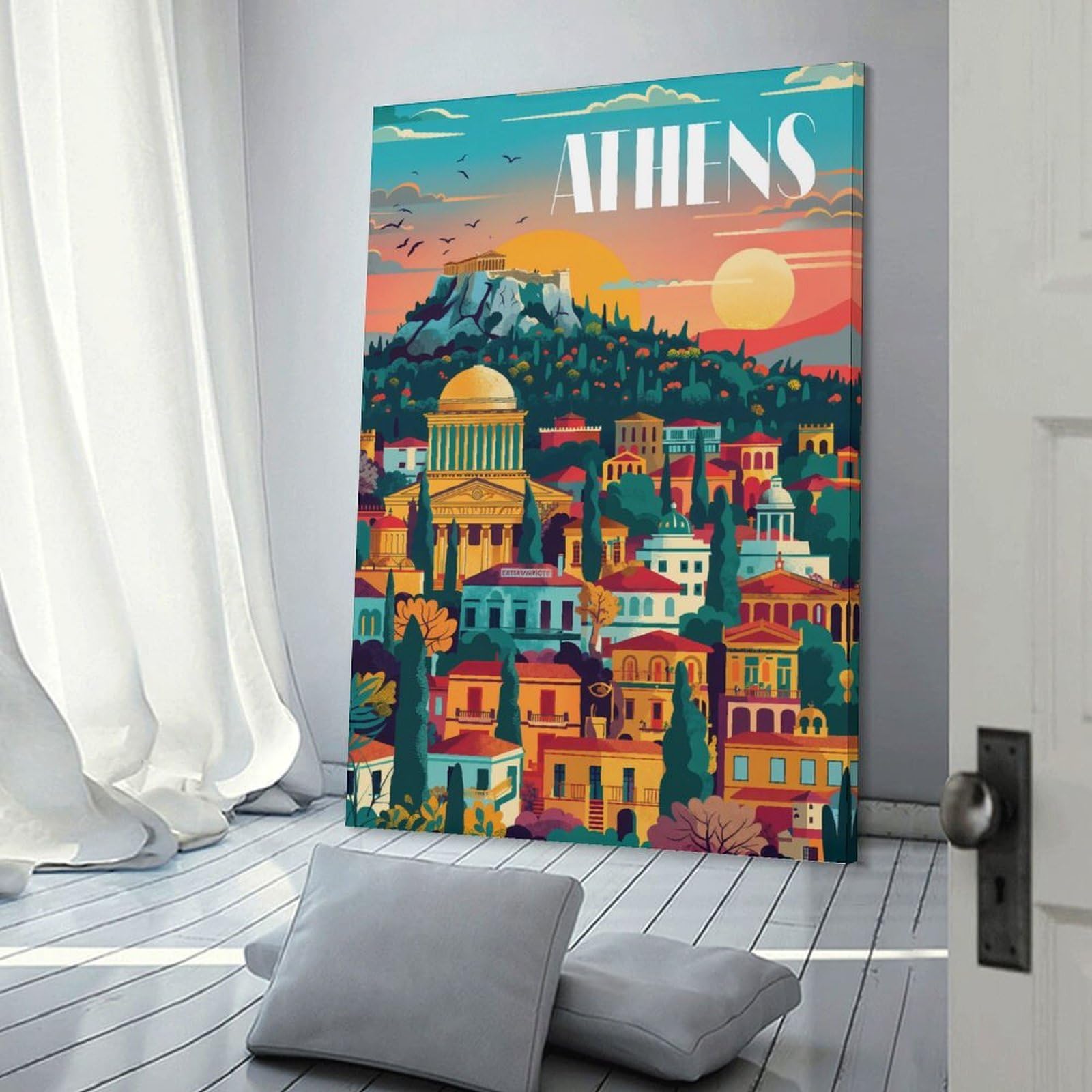 Junmoney Room Decor Wall Art Athens Sunset, 24x36inch(60x90cm), for Living Room, Lounge Or Sitting Room, Canvas Styling for A Polished Room Look