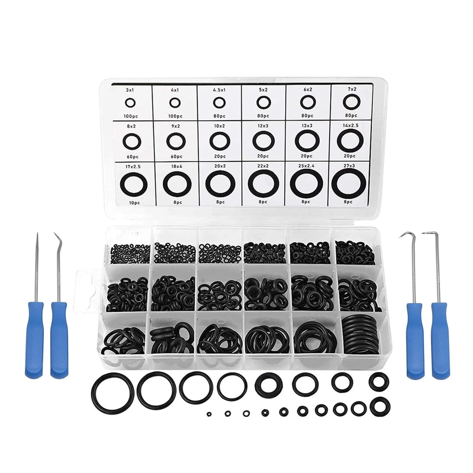 225-1225 Uds Junta de Sellado en Caja nitrilo Varios tamaños Goma O Anillos Kit de reparación Junta Resistente al Aceite Juego de Arandelas combinadas(770pcs with Tools)