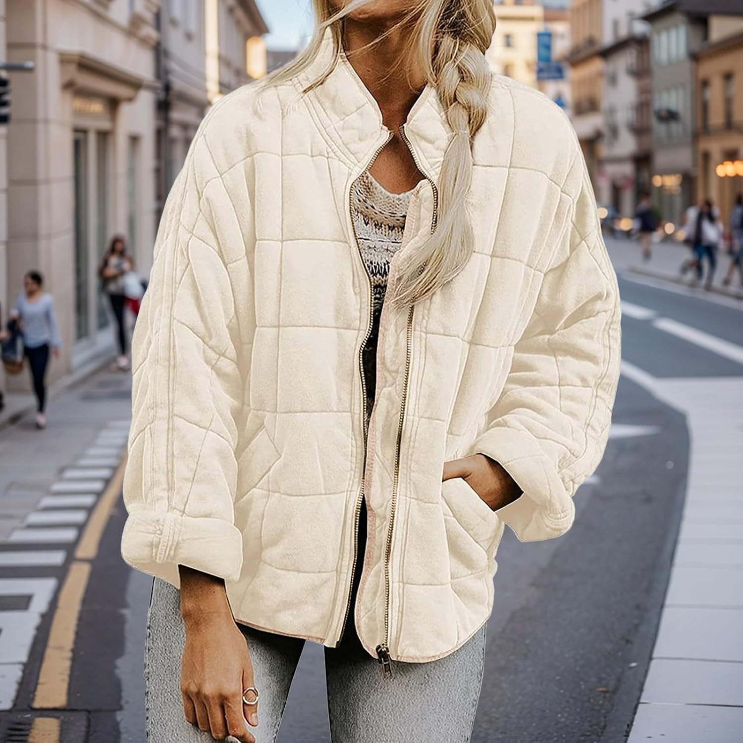 Quilted Jackets for Women Stand Collar Zip Up Puffer Jacket Oversized Warm Winter Coat Outerwear with Pockets