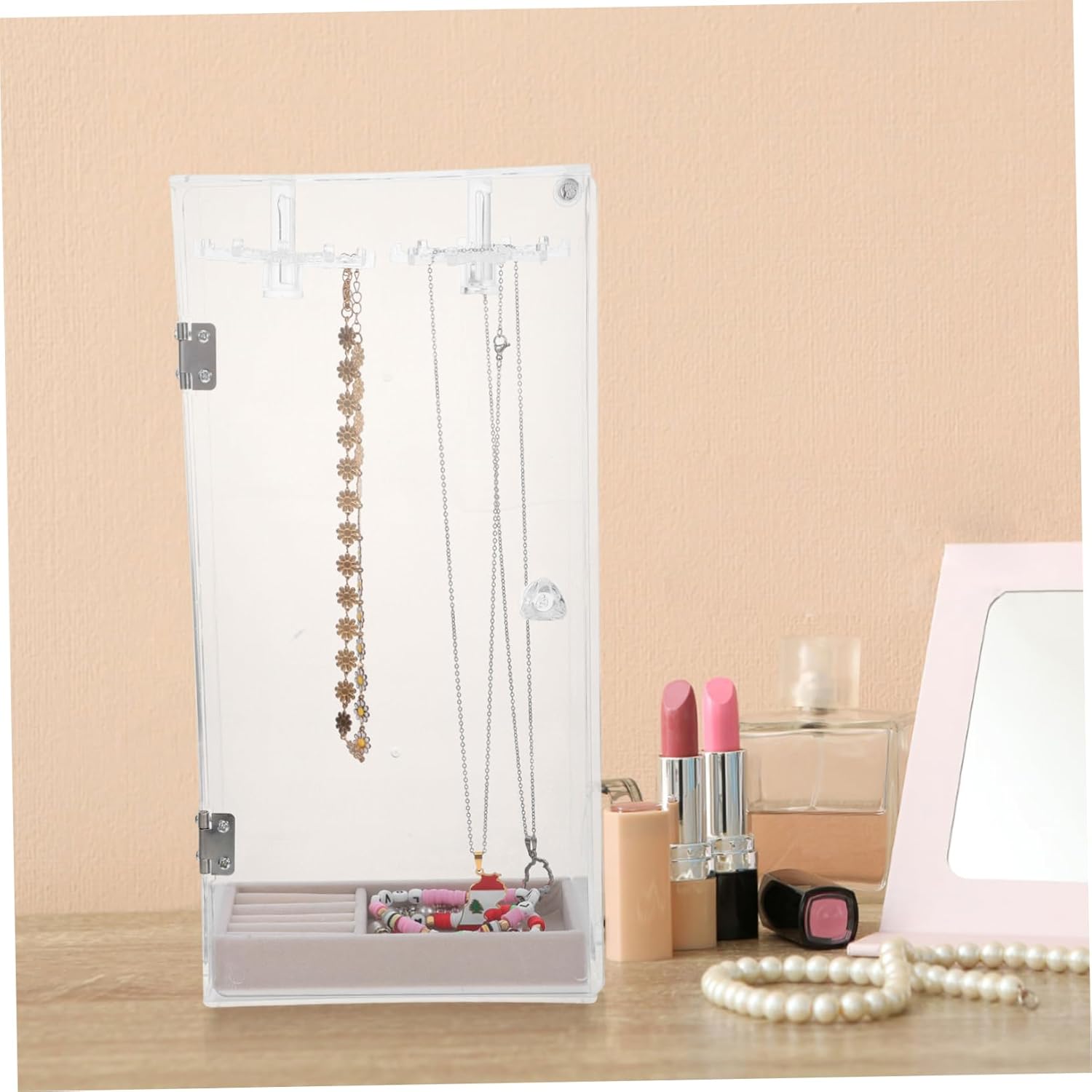 Rotating Jewelry Organizer Transparent Necklace Holder Stand with Velvet Ring Display Convenient Storage for Bracelets Pendants Earrings for Home Travel