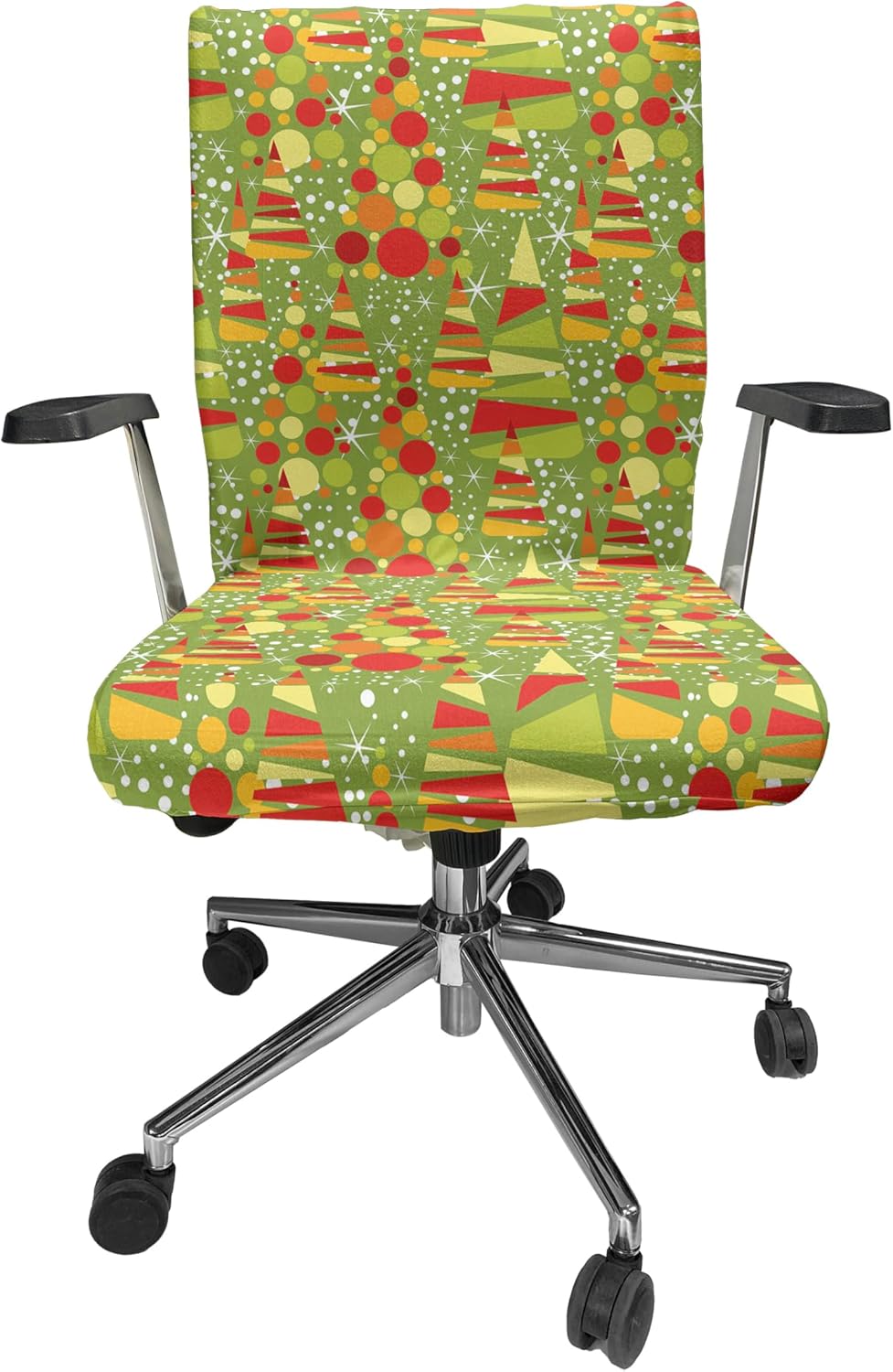 Ambesonne Christmas Tree Office Chair Cover, Happy Pattern of Colorful Circles Blobs Shaped Like a Tree Holiday, Stretchable Decorative Universal Size High Back Printed Slipcover, Pale Olive Green Red