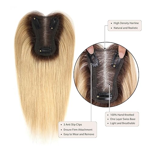 Miniatura 4 de Toppers para el cabello humano real para mujer, toppers de cabello humano para mujer, rubio con raíces oscuras, toppers para cabello fino, toppers