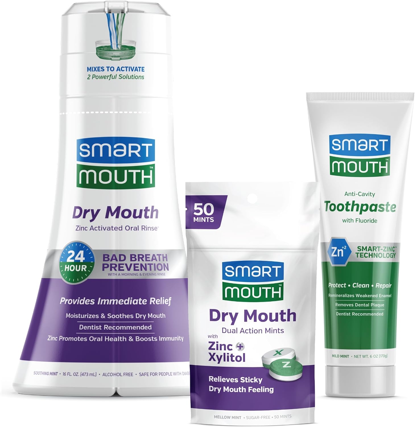 SmartMouth Package with Dry Mouth Activated Mouthwash 16 Fl Oz, Soothing Mint