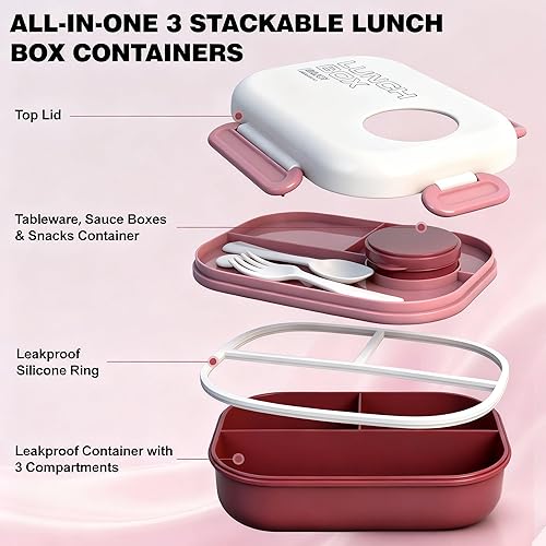 Miniatura 5 de Juego de lonchera Bento, recipientes de 3 compartimentos para niños y adultos, lonchera para mujeres con bolsa térmica, a prueba de fugas y sin BPA,