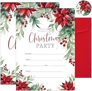 25 Pack Christmas Party Invitations Christmas Poinsettia Flower Invitation Paper Cards Xmas Winter Holiday Party Invites with Envelopes Stickers for Christmas Party