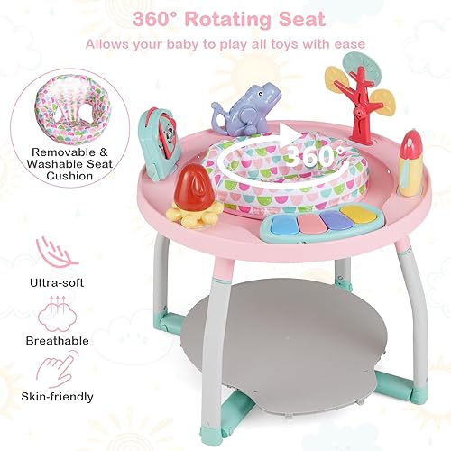 Miniatura 4 de HONEY JOY Centro de actividades para bebés, puente infantil 5 en 1 y mesa de juego de pie con asiento giratorio de 360, 6 juguetes, 3 alturas