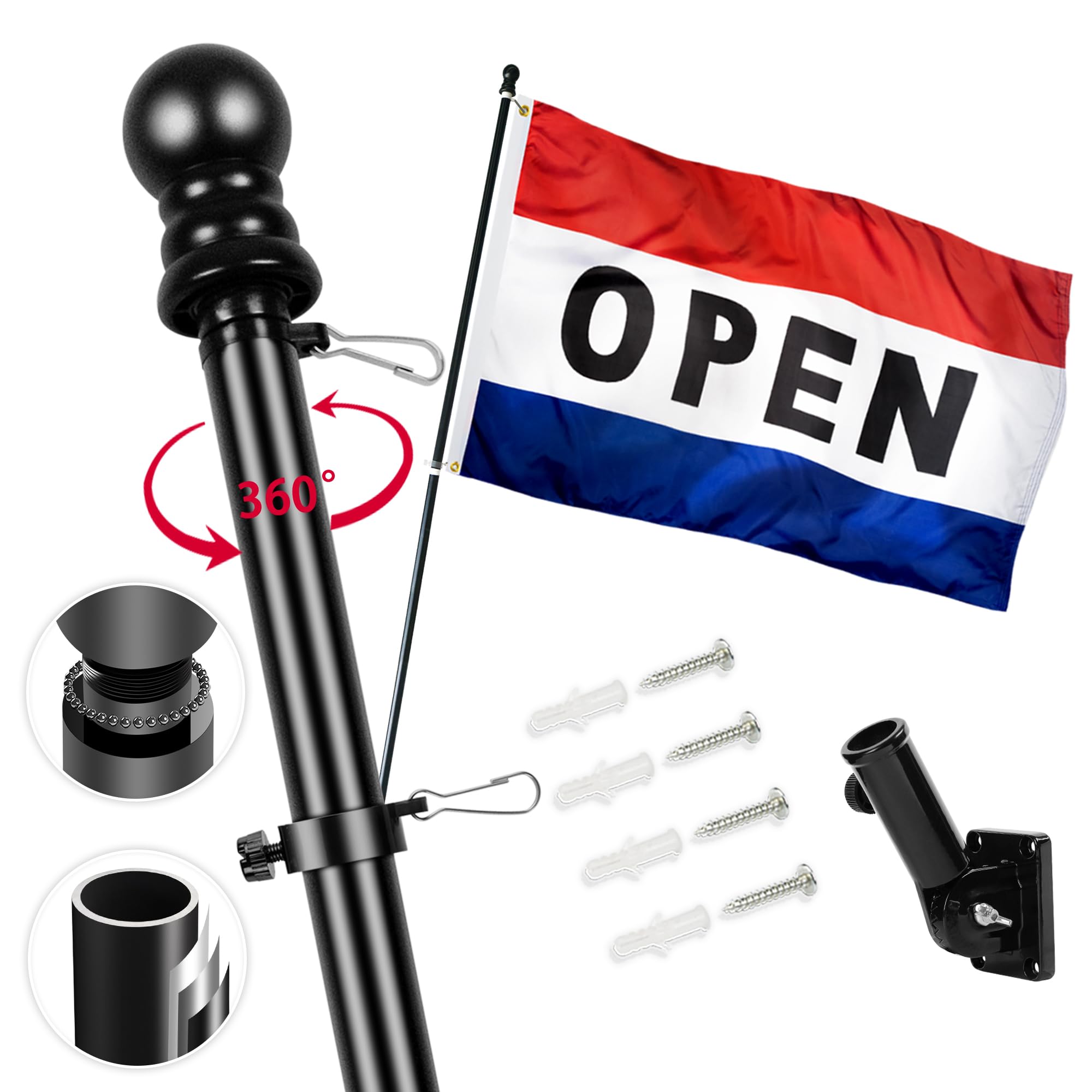 Open Flag for Businesses 3x5 ft Outdoor with Pole Kit, Double Sided Open Flag 6FT Black Aluminum No Tangle Spinning Flag Pole, Adjustable Bracket Wind Resistant Rust Free for Outside