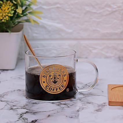 VIBEIN Coffee Mug with Handle-250ml Crystal Clear Mug Set of 1 Pcs Wooden Tray and Spoon (Starbucks)